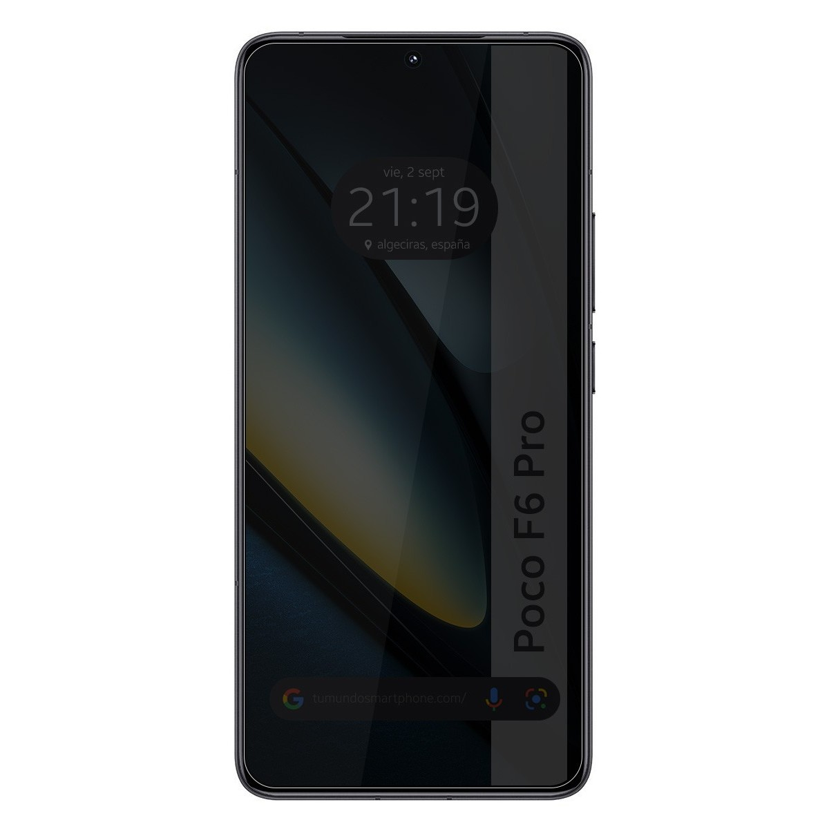 Un telefono con schermo scuro, che mostra l'ora. Il telefono ha il nome Poco F6 Pro.