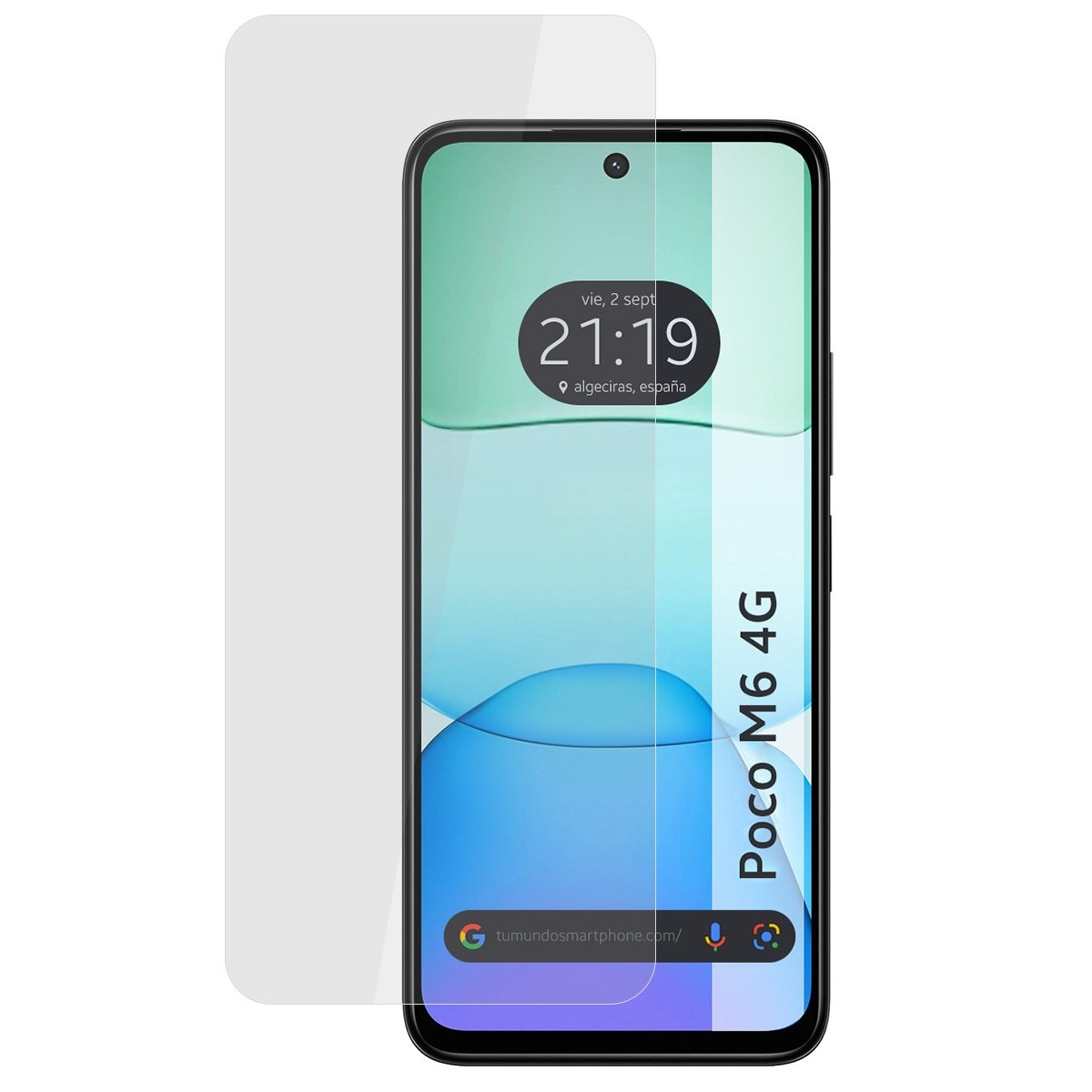 Telefono e protezione schermo. Lo schermo del telefono mostra l'ora e la posizione.