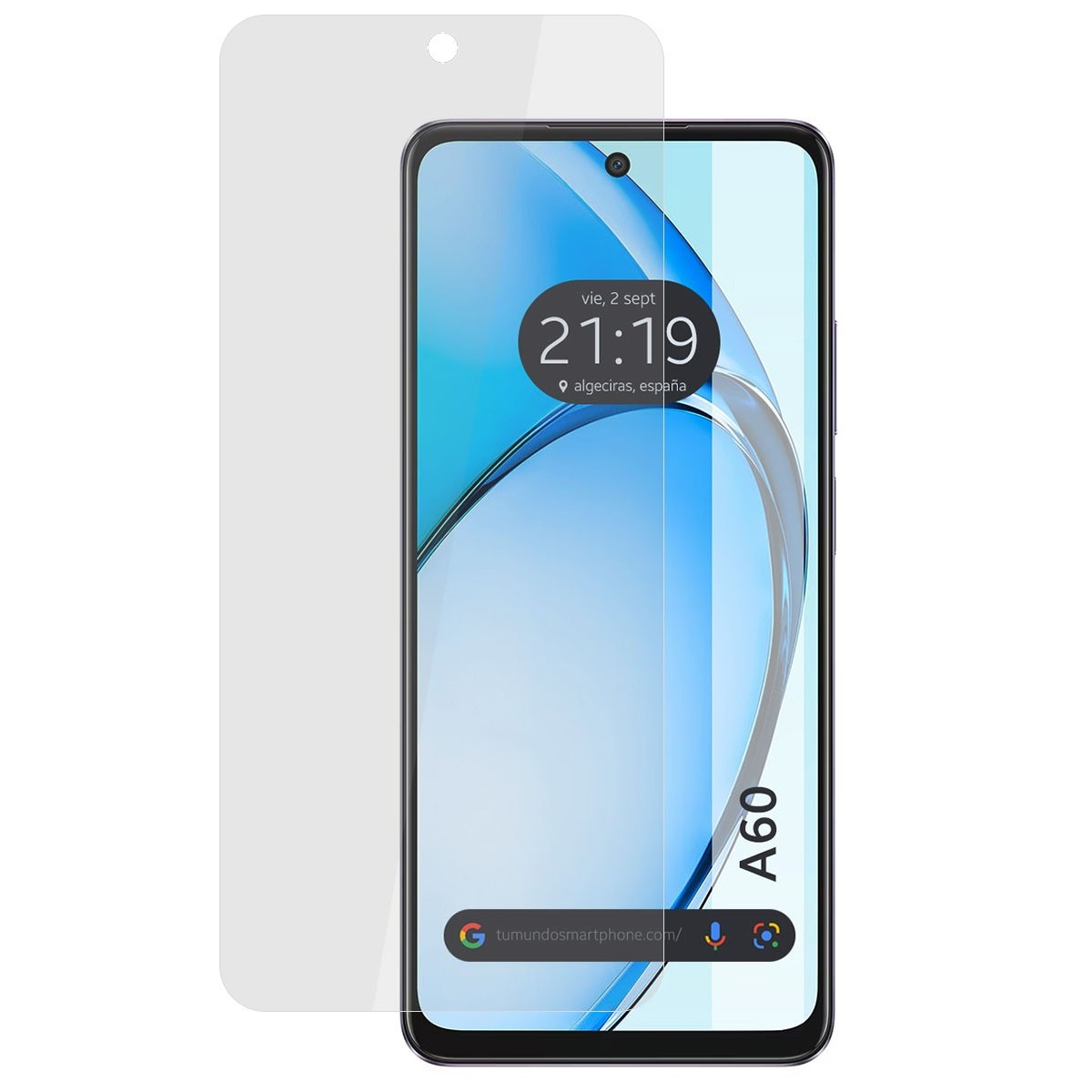 Smartphone con protezione schermo. Mostra ora e posizione spagnola sullo schermo.