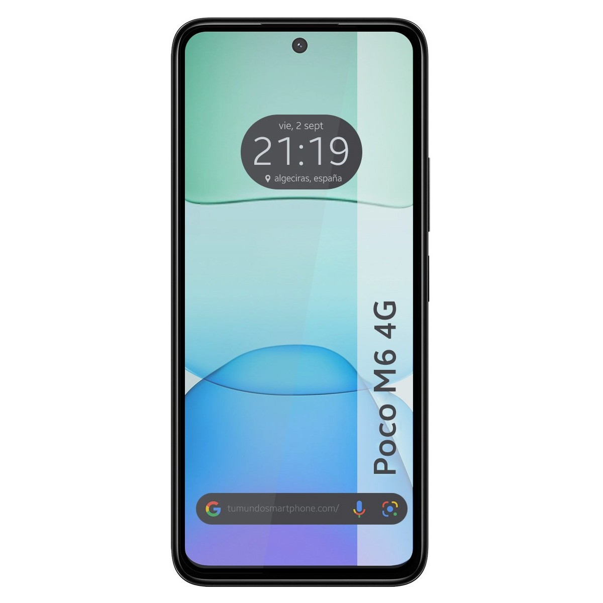 Smartphone con ora e data, etichetta Poco M6 4G.