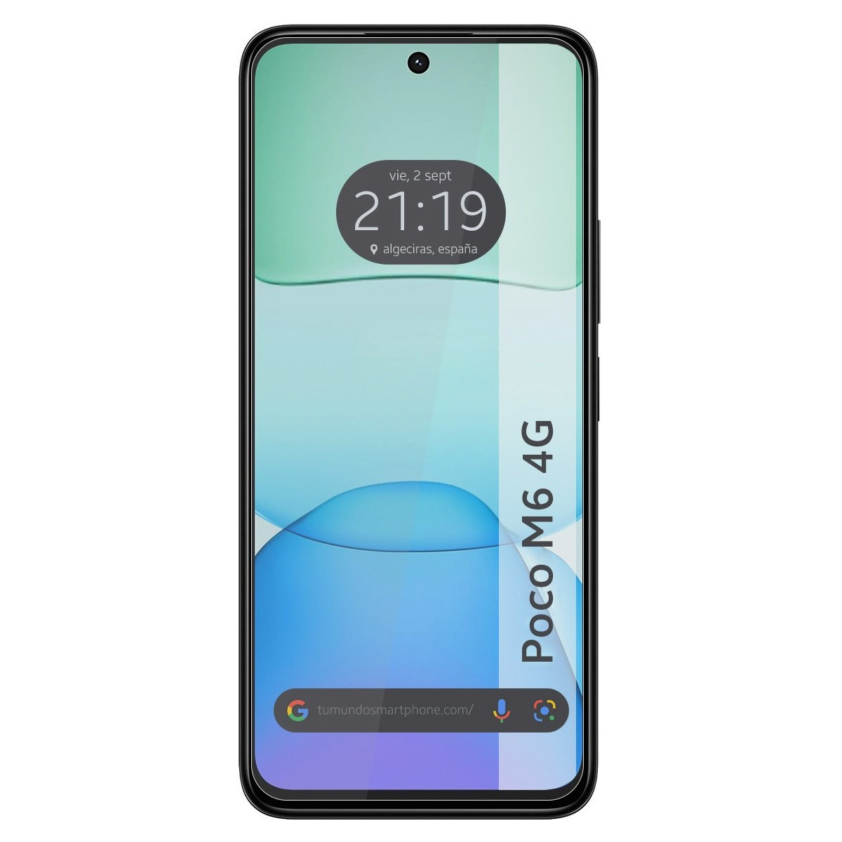 Uno schermo del telefono che mostra un design azzurro, l'ora e testo spagnolo. Il telefono è nero.