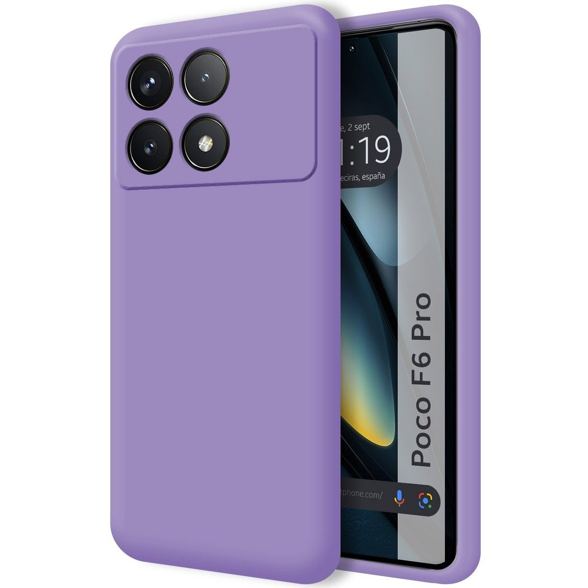Una custodia per telefono viola con etichetta Poco F6 Pro e il telefono all'interno.