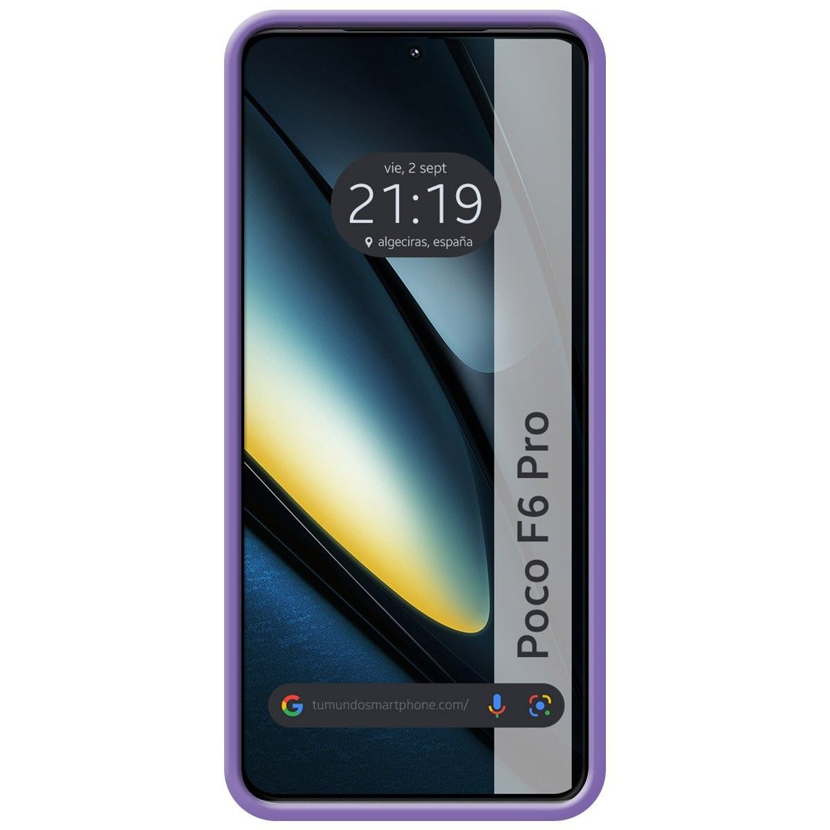 Smartphone viola con custodia viola. Lo schermo mostra l'ora e una barra di ricerca.