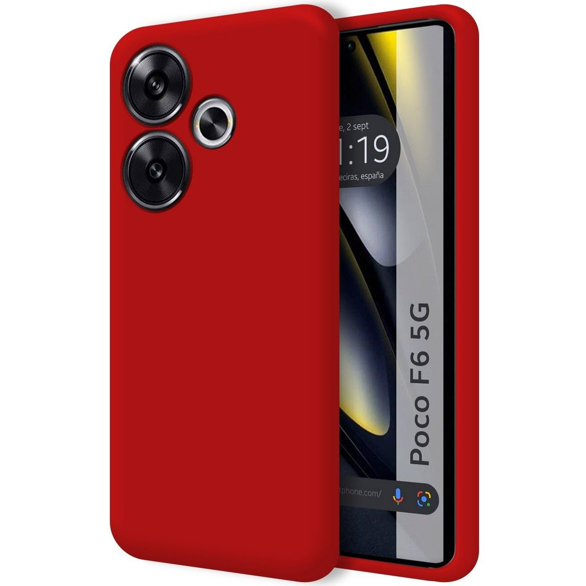 Custodia per telefono rossa con un telefono che mostra l'ora e la posizione.