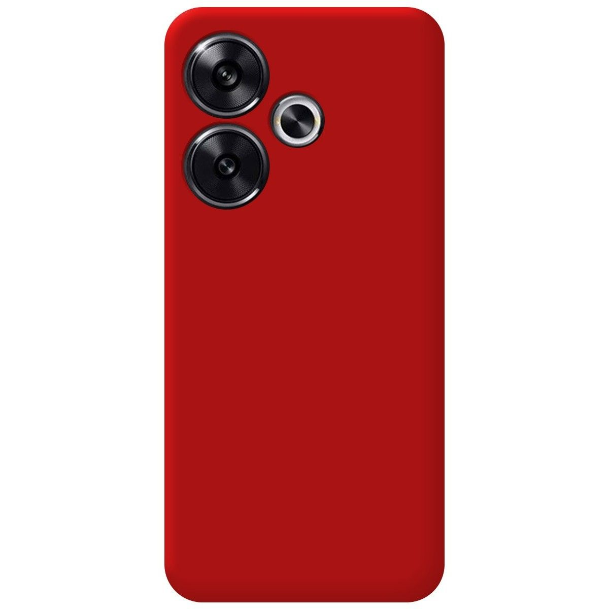 Custodia per telefono rossa con ritagli per fotocamera e flash.