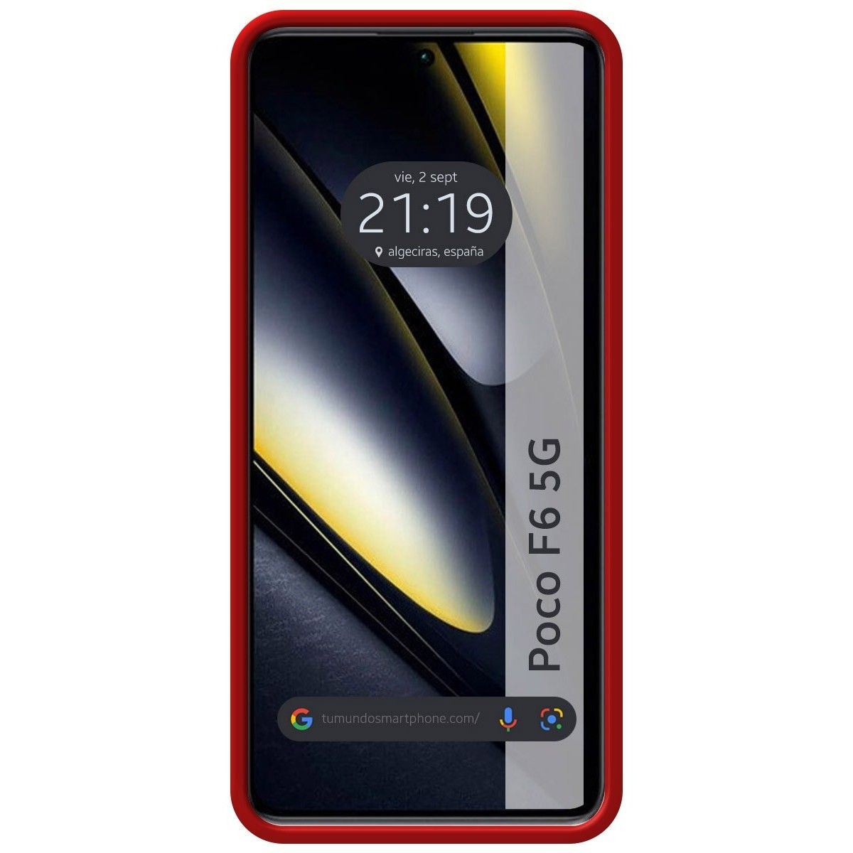 Telefono dentro una cornice rossa, mostra ora, data e 'Poco F6 5G' sullo schermo.