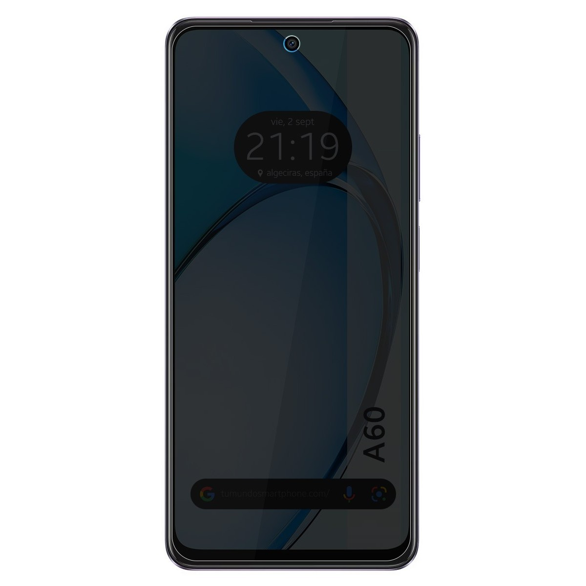 Smartphone nero che mostra l'ora e la posizione. Ha una piccola fotocamera frontale.
