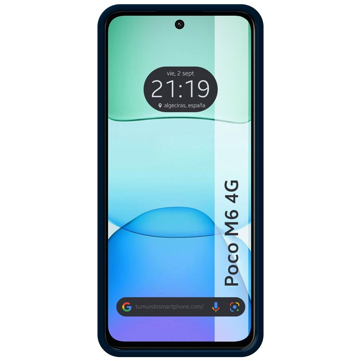 Schermo dello smartphone che mostra ora, data e indirizzo del sito web. È blu e ha una cornice nera.