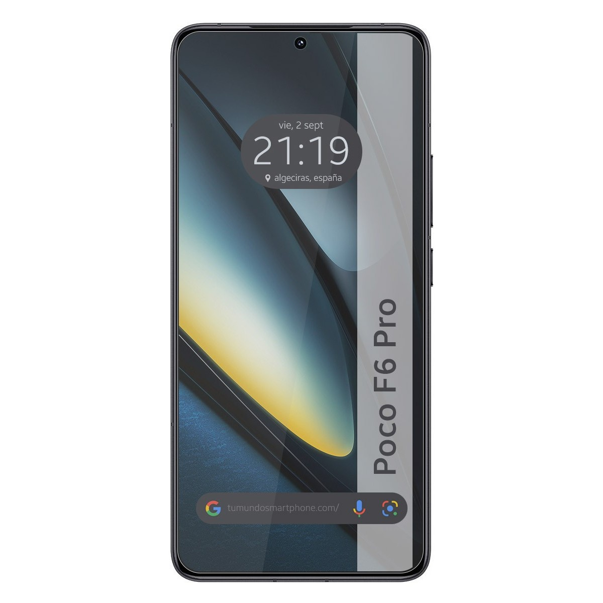 Un telefono che mostra l'ora, il logo Poco F6 Pro e l'indirizzo del sito web tumundosmartphone.com.