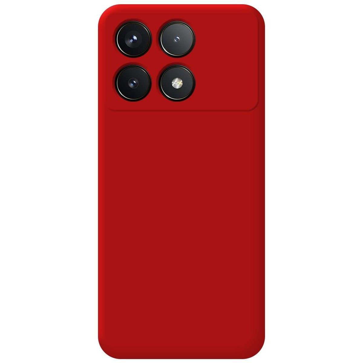 Custodia per telefono rossa con quattro obiettivi della fotocamera in una sezione rettangolare in alto.