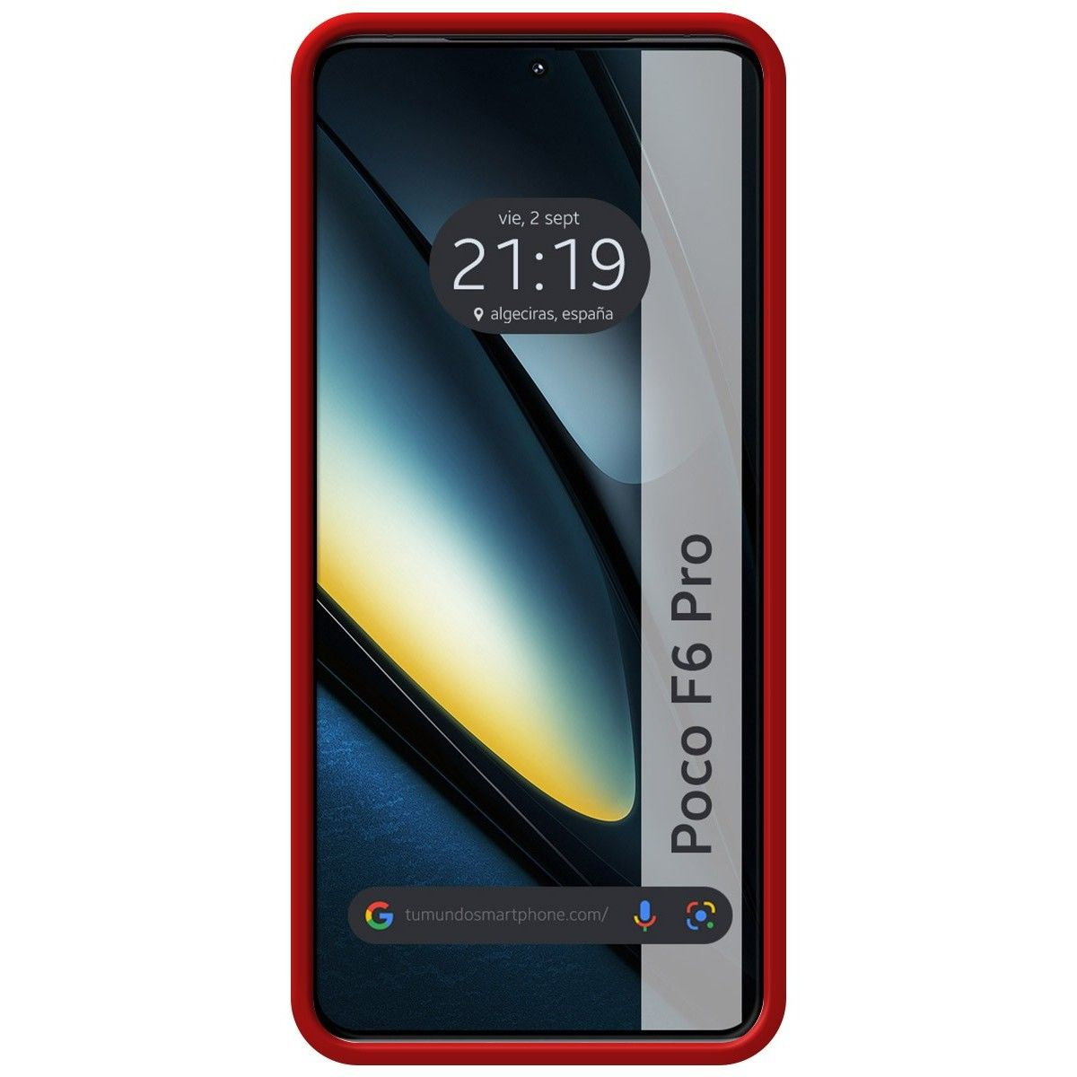 Custodia con cornice rossa. Schermo mostra ora, data e icone app.