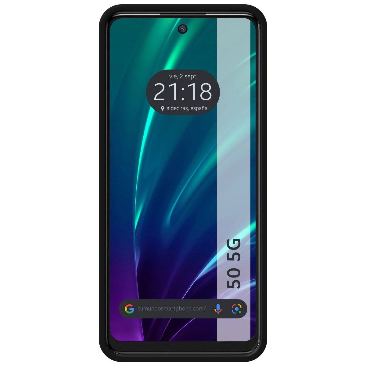 Telefono nero che mostra ora, posizione e etichetta 5G. Sfondo verde e blu.