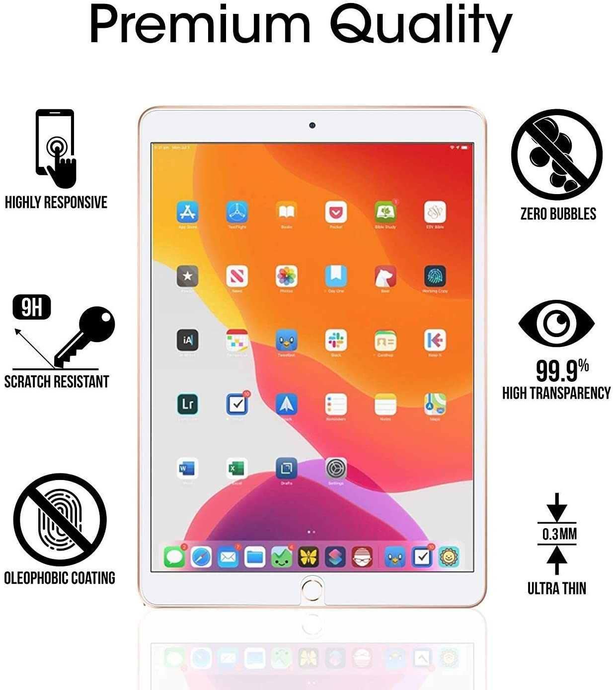 Witte tablet met touchscreen. Tekstlabels zijn onder meer: krasbestendig, ultradun en hoge transparantie.