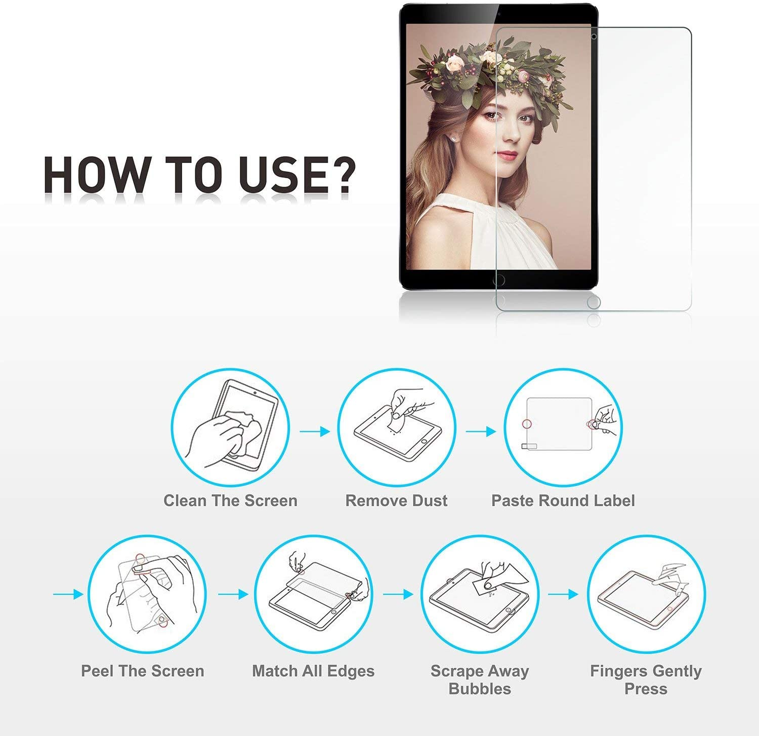 Instructies voor het aanbrengen van een schermbeschermer op een tablet.