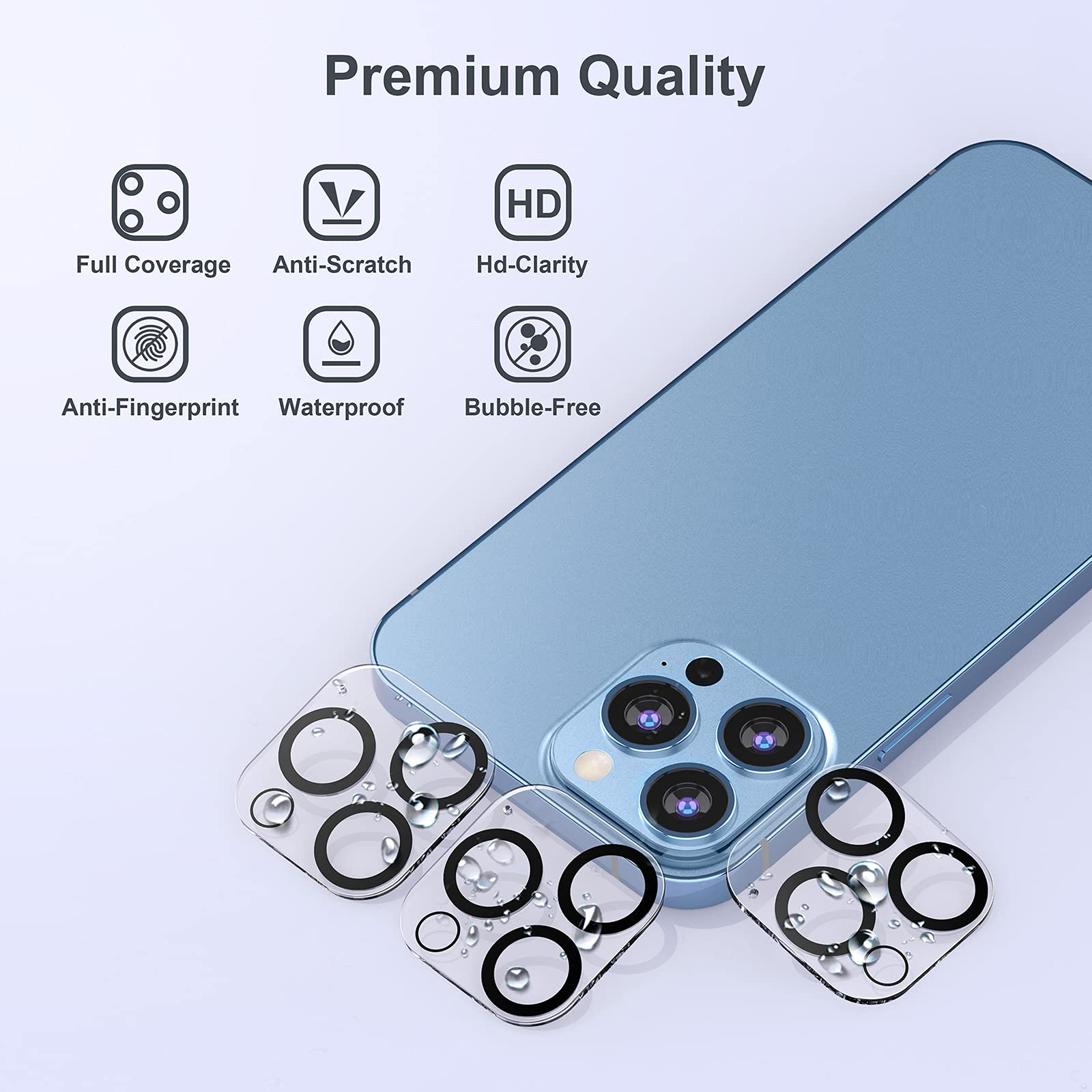 Telefon mit Linsenschutz. Text: Premium Qualität, Kratzschutz.