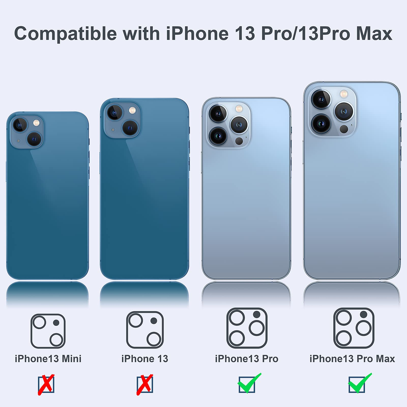 Vier iPhone-Hüllen, kompatibel mit iPhone 13 Pro und 13 Pro Max. iPhone 13 Mini und 13 sind nicht kompatibel.
