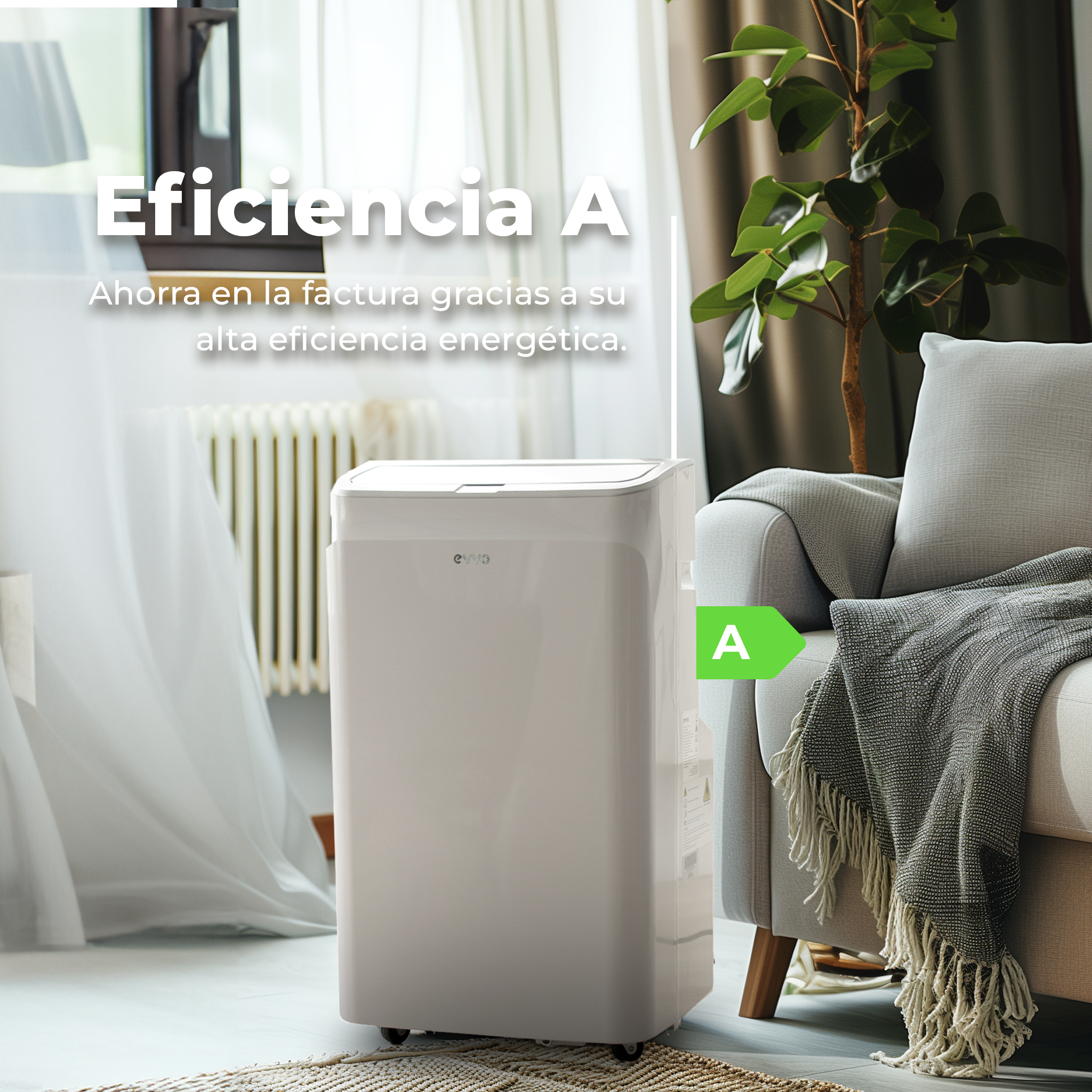 Purificador de aire blanco en una sala de estar, con texto sobre eficiencia energética y una etiqueta 'A' verde.