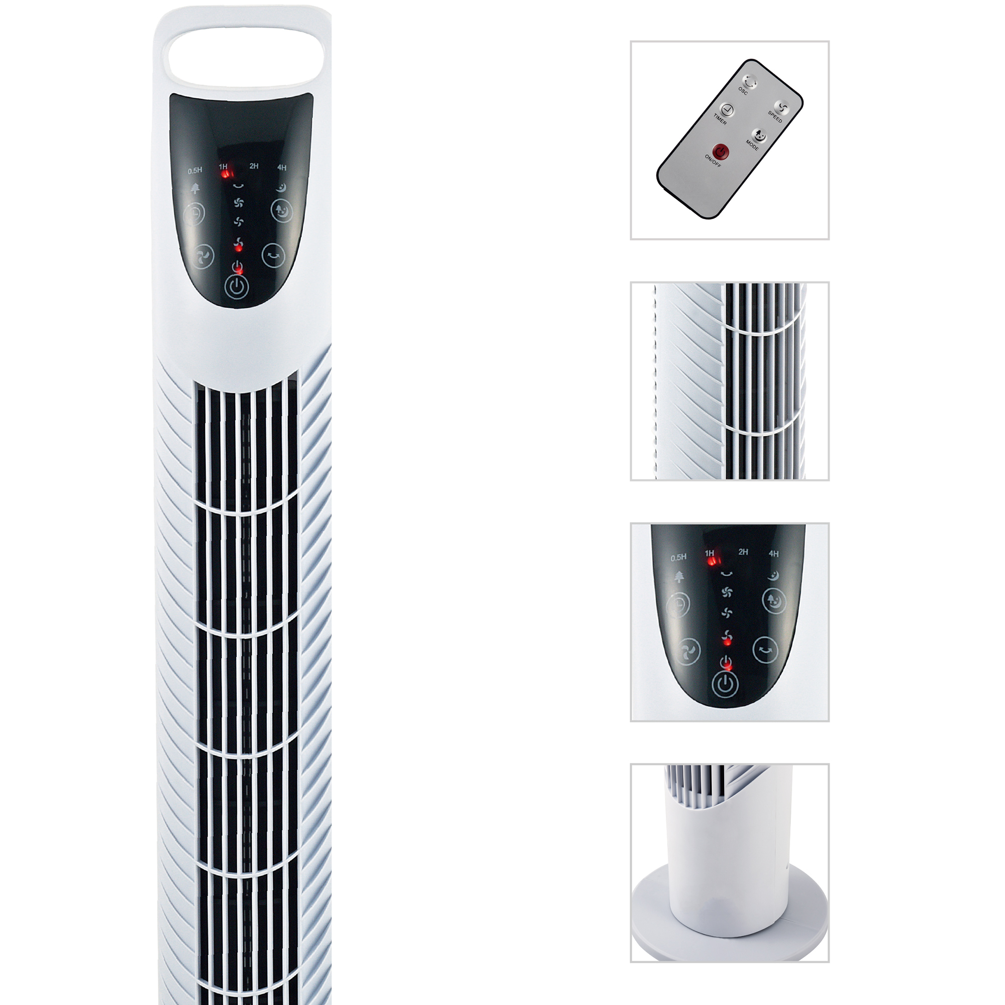 Ventilador de torre blanco con panel de control, mando a distancia y detalles del ventilador, todo sobre blanco.