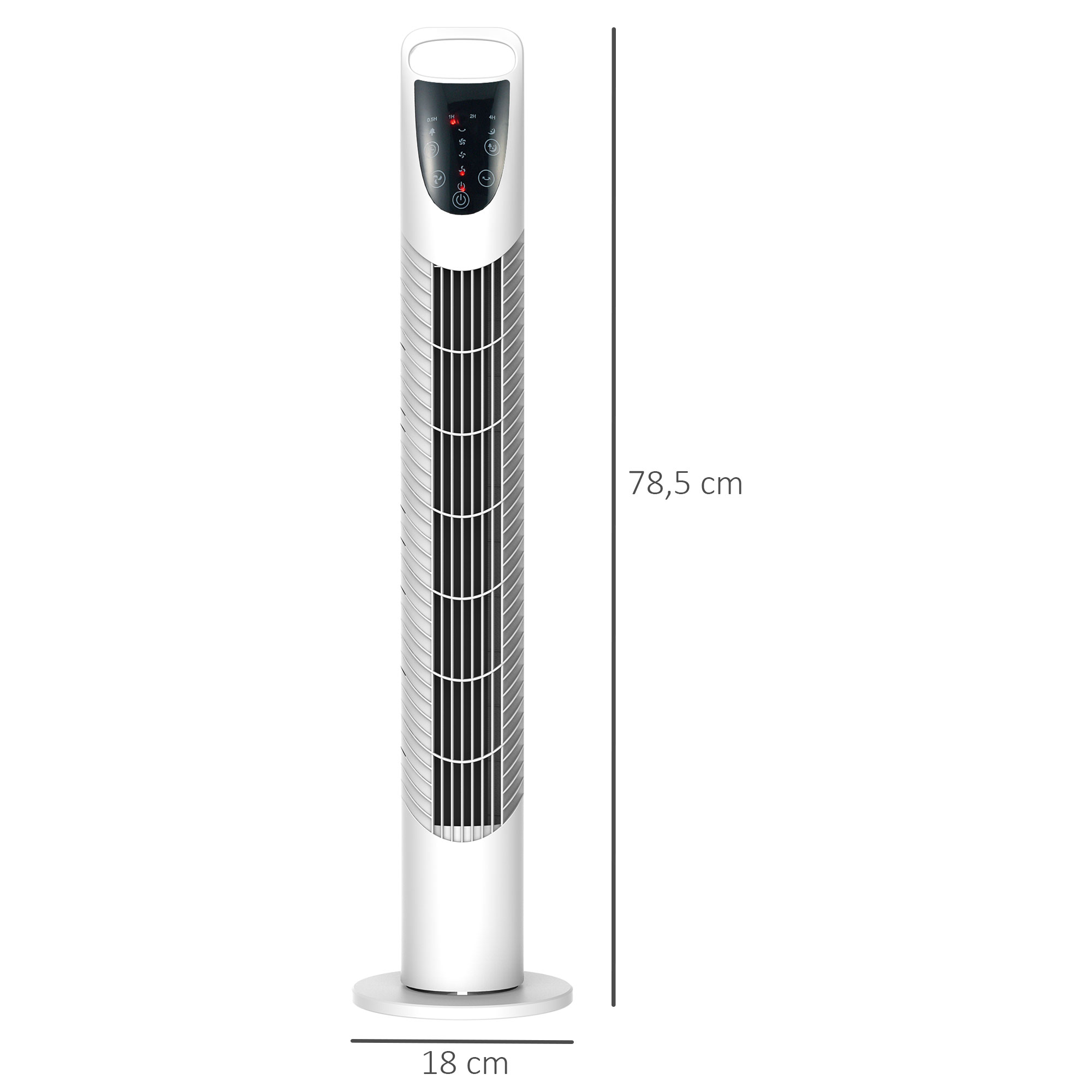Ventilador blanco alto con panel de control y barra negra con dimensiones escritas.