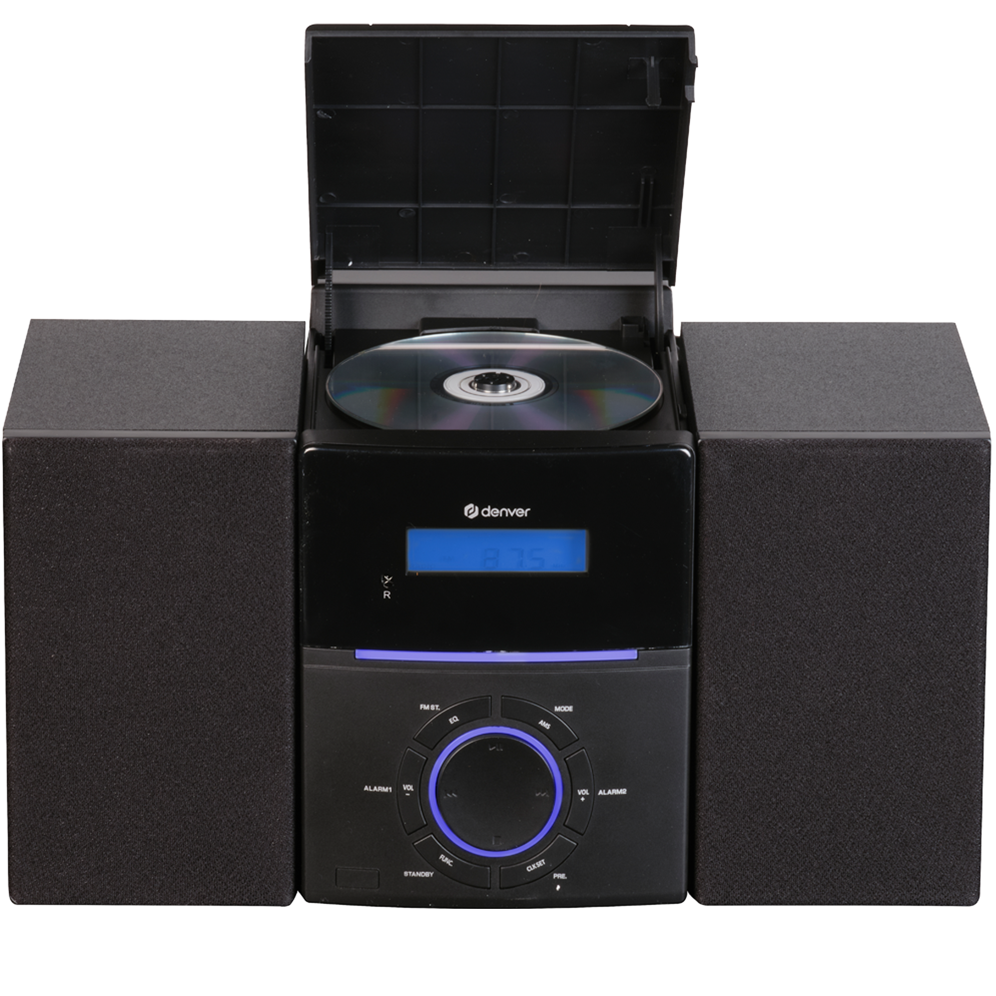 Czarny zestaw stereo z otwartym odtwarzaczem CD, niebieskim wyświetlaczem i dwoma czarnymi głośnikami.