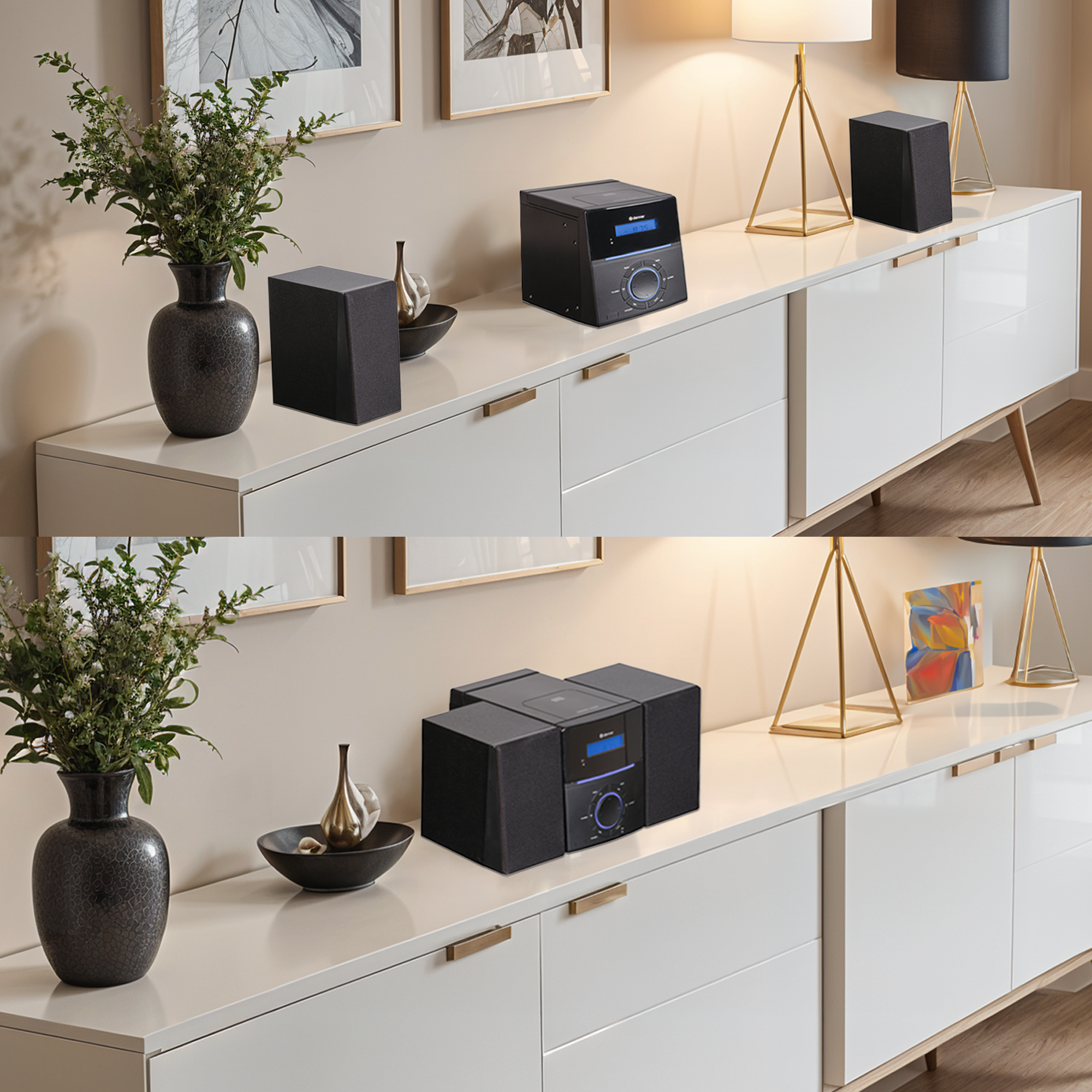 Dwa zestawy systemów rozrywki domowej z białymi szafkami. Każdy zestaw zawiera głośniki i odbiornik.
