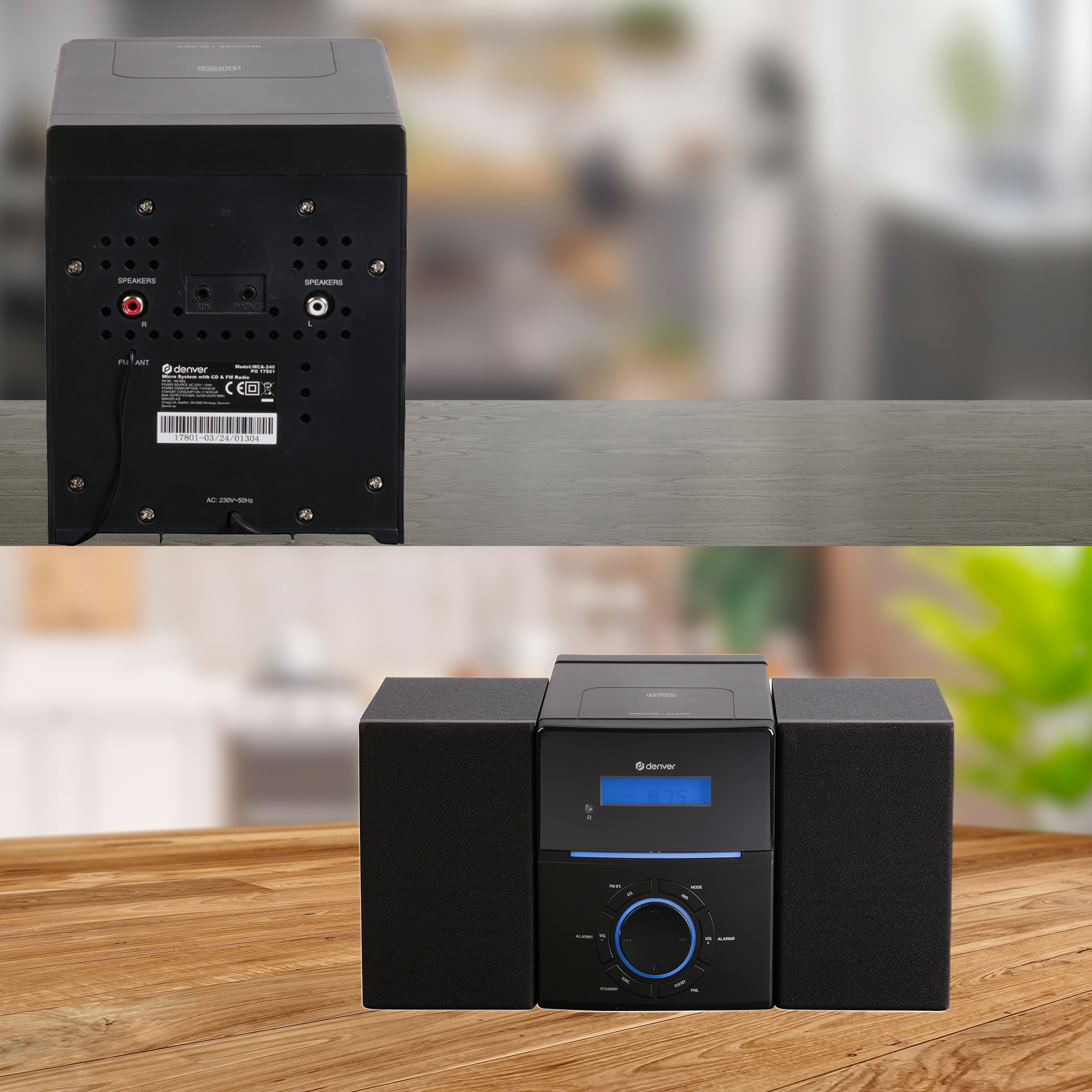 System muzyczny z odtwarzaczem CD i dwoma głośnikami na drewnianym stole.