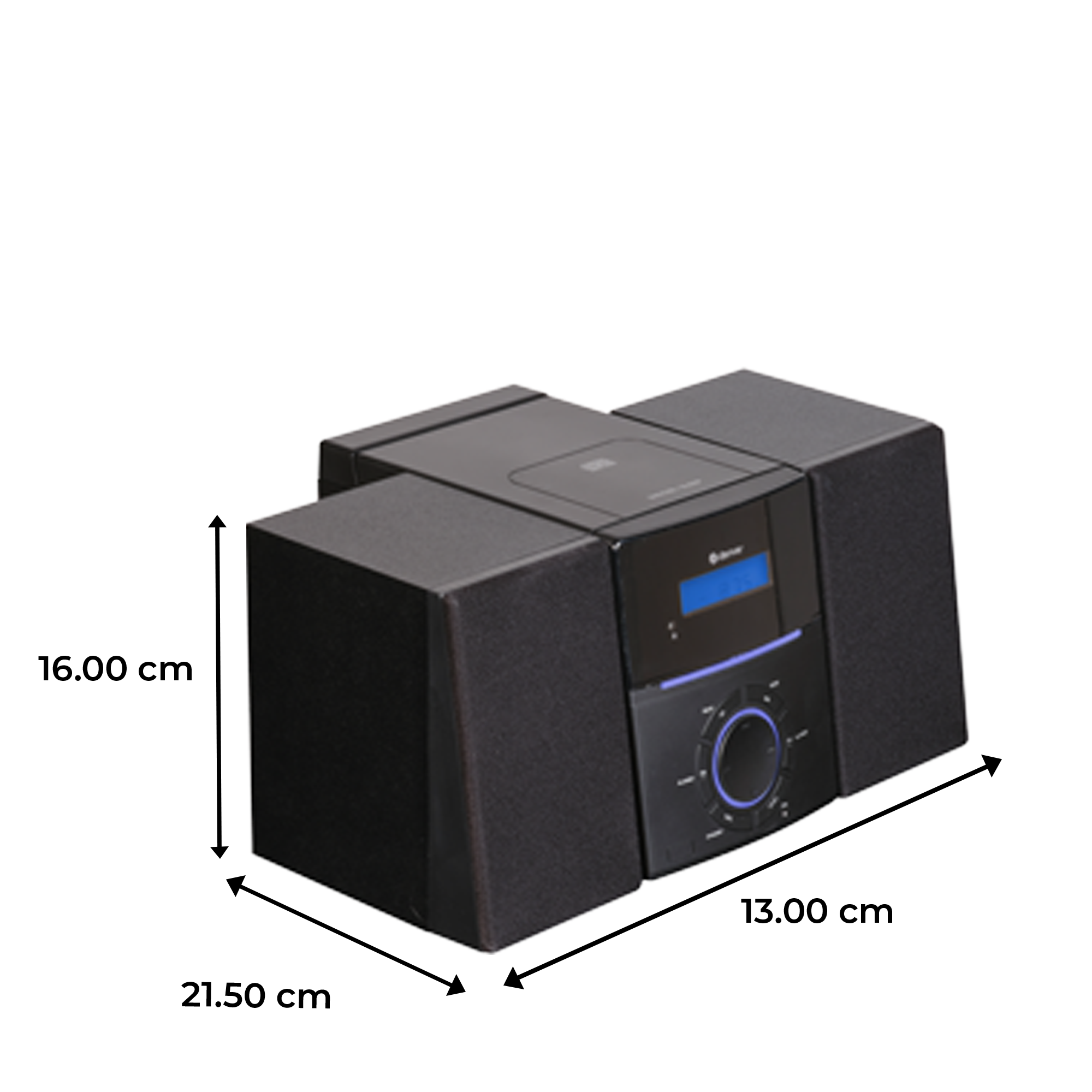 Czarny i szary system stereo z wymiarami. Umieszczony jest na białej powierzchni.