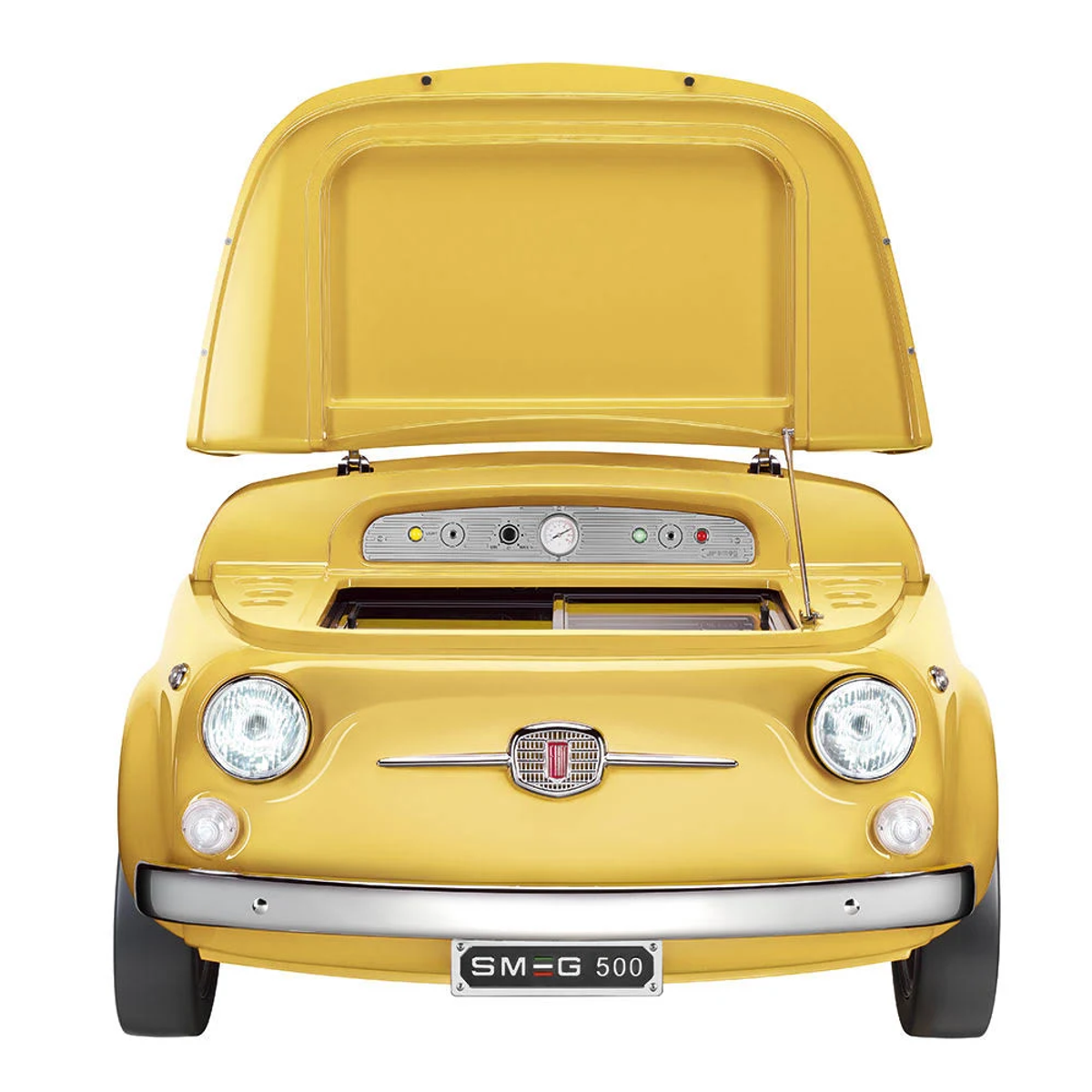 Coche Fiat 500 amarillo vintage con capó abierto.