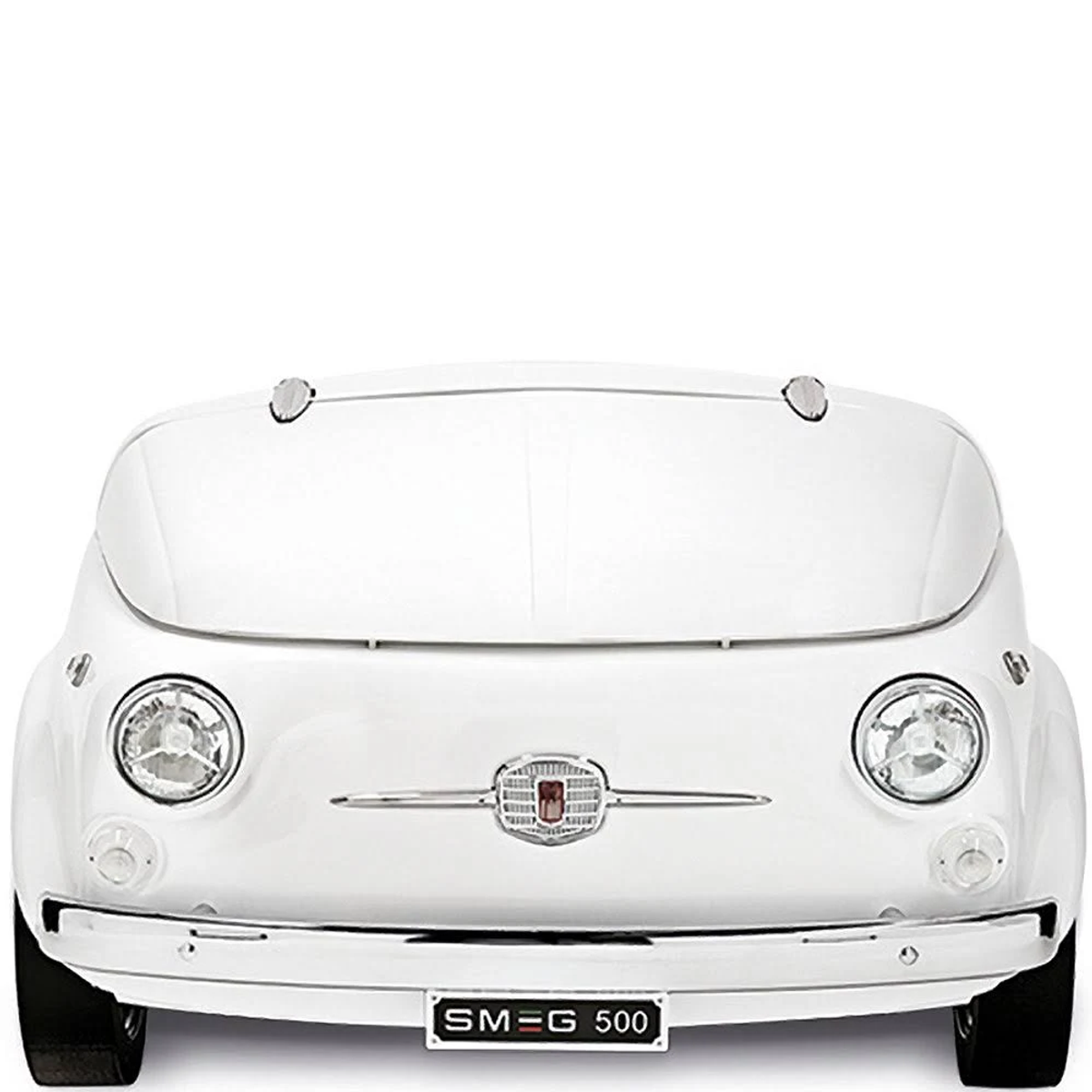 Coche retro blanco, vista frontal, con el texto 'SMEG 500' debajo.