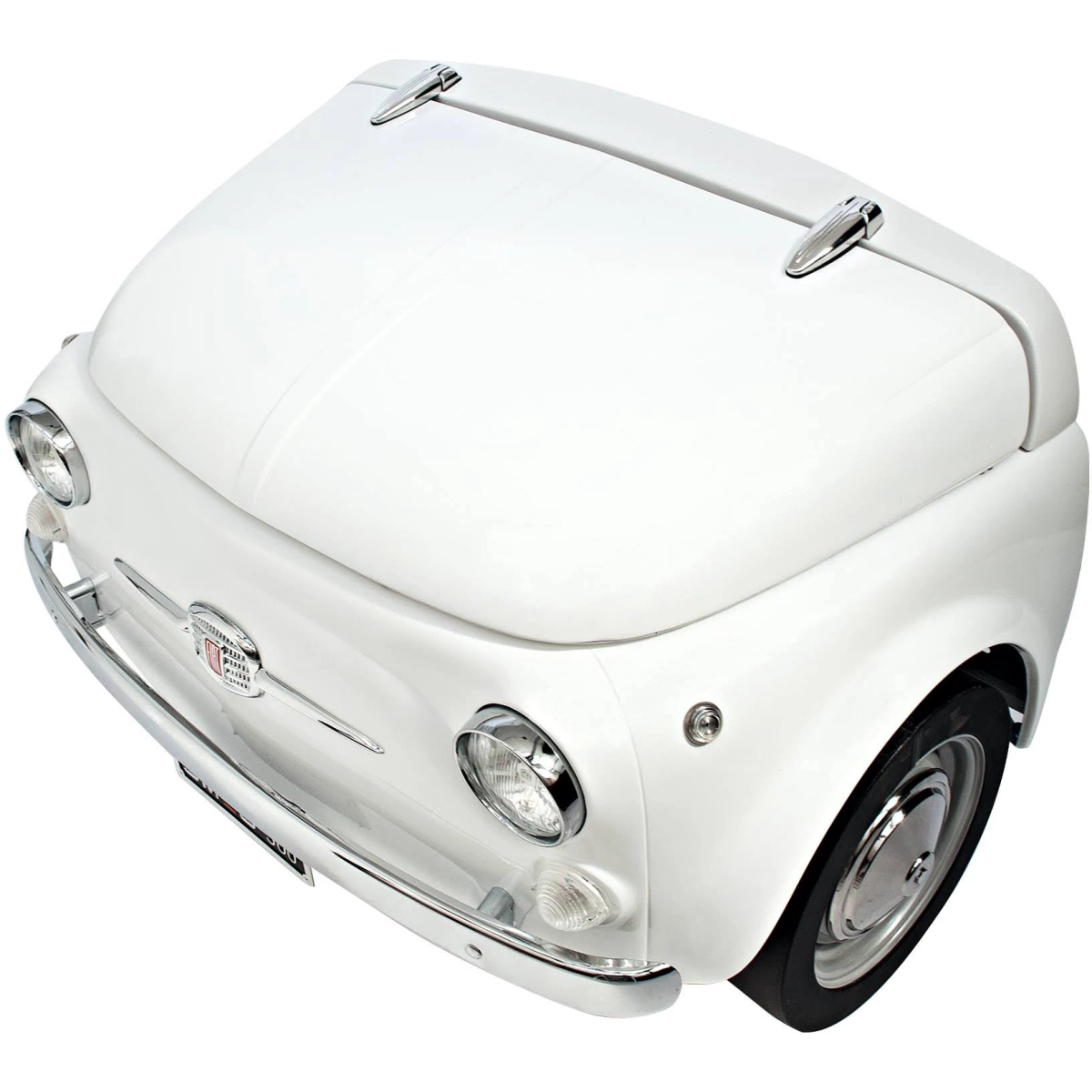Un coche de juguete Fiat 500 blanco. Se ve la parte delantera del coche.