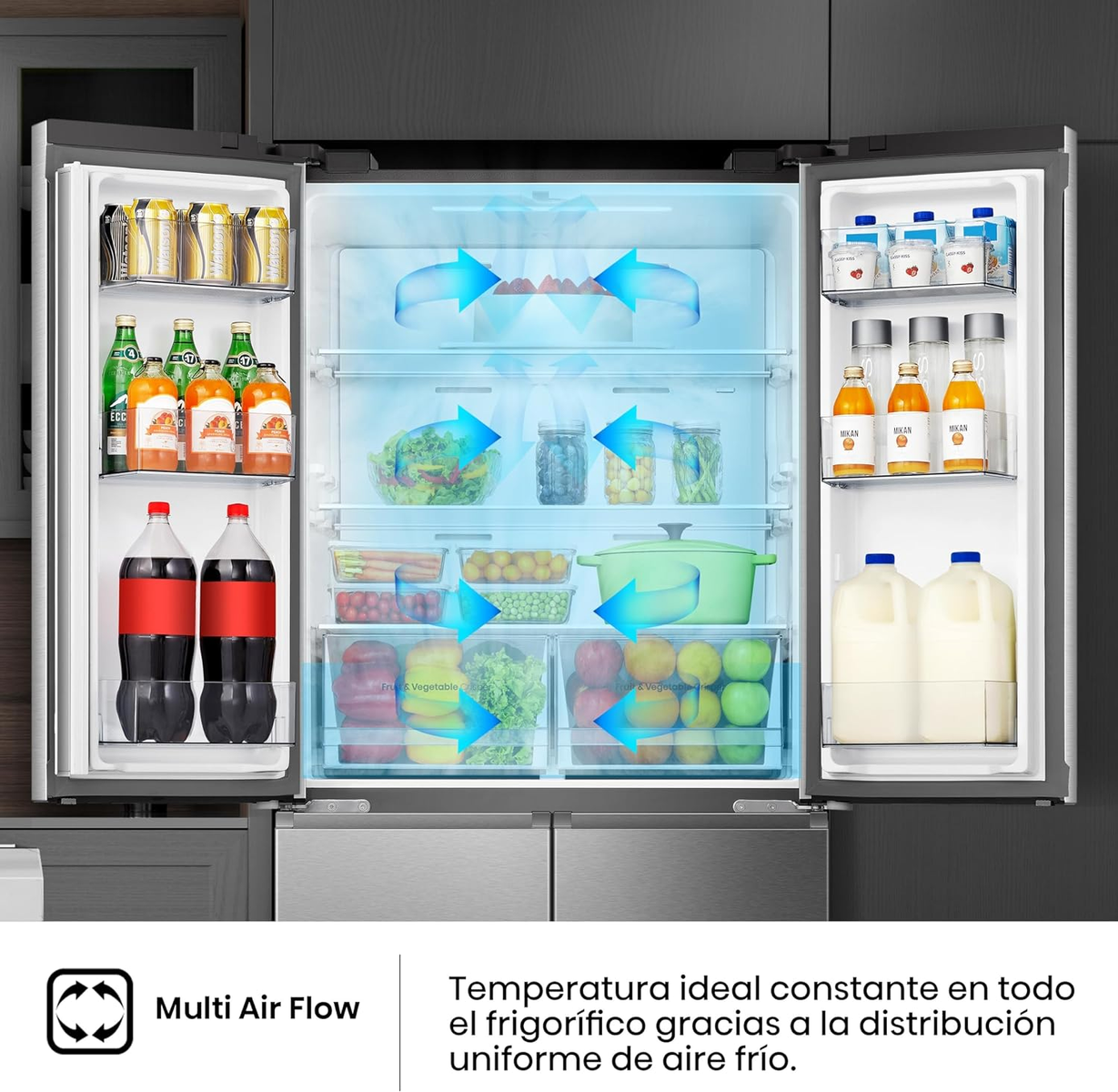Lodówka z otwartymi drzwiami, pokazująca przechowywanie żywności i multi-air flow. Strzałki wskazują przepływ powietrza.