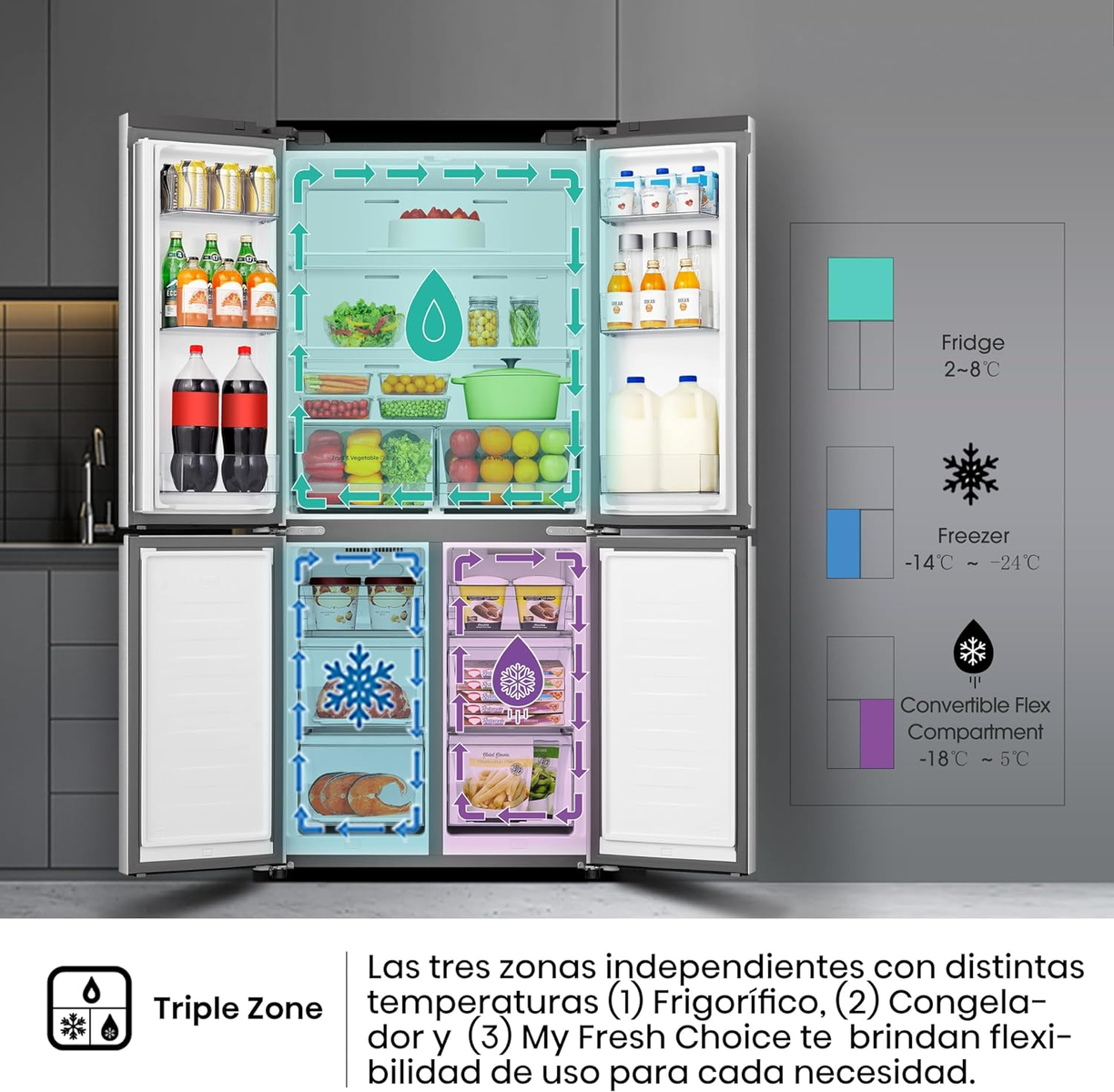 Otwarta lodówka z komorami na żywność. Etykiety pokazują temperatury lodówki, zamrażarki i konwertowalnej komory flex.
