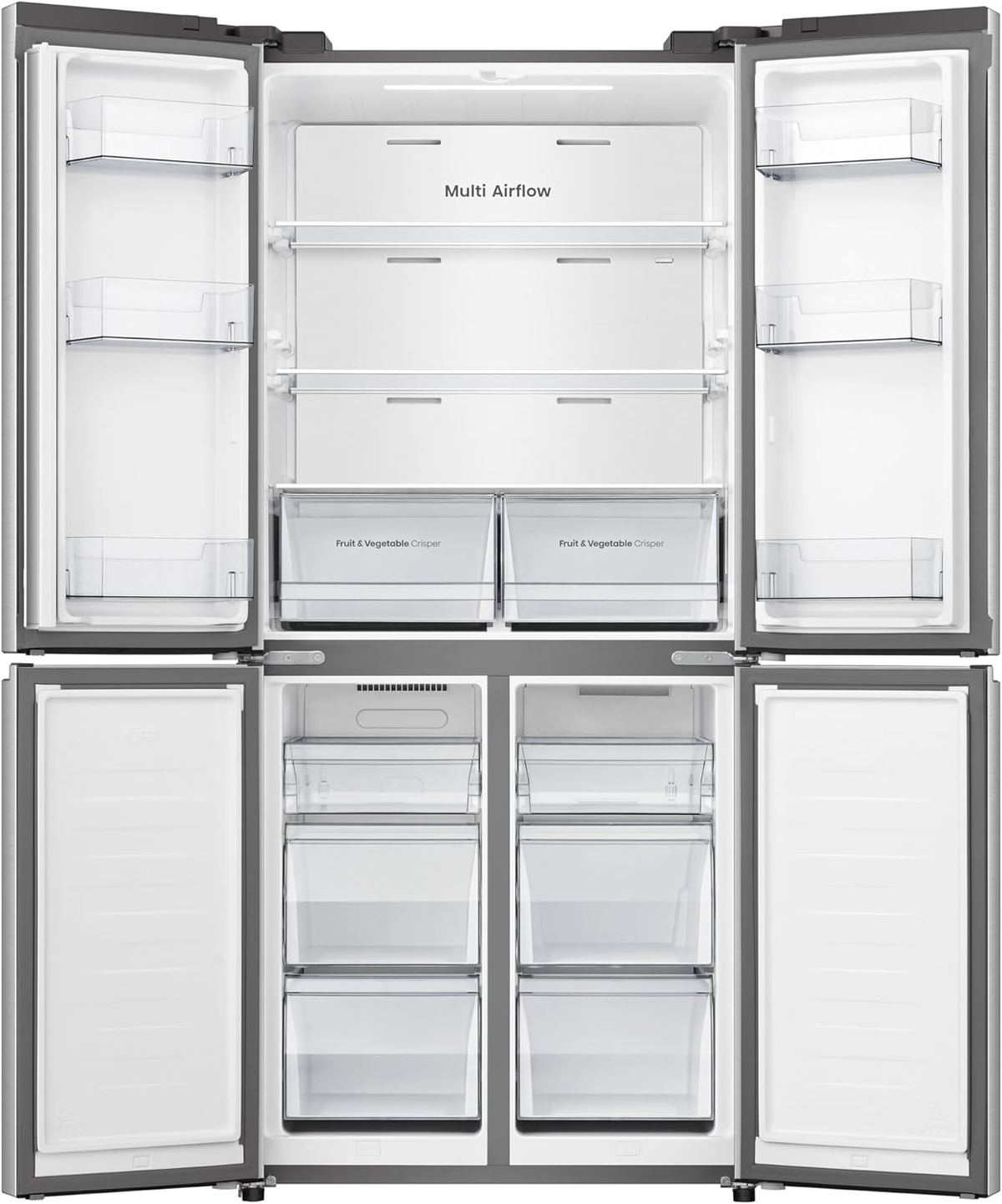 Lodówka ze stali nierdzewnej z otwartymi drzwiami. Posiada wiele półek i szuflad. Wnętrze jest widoczne.