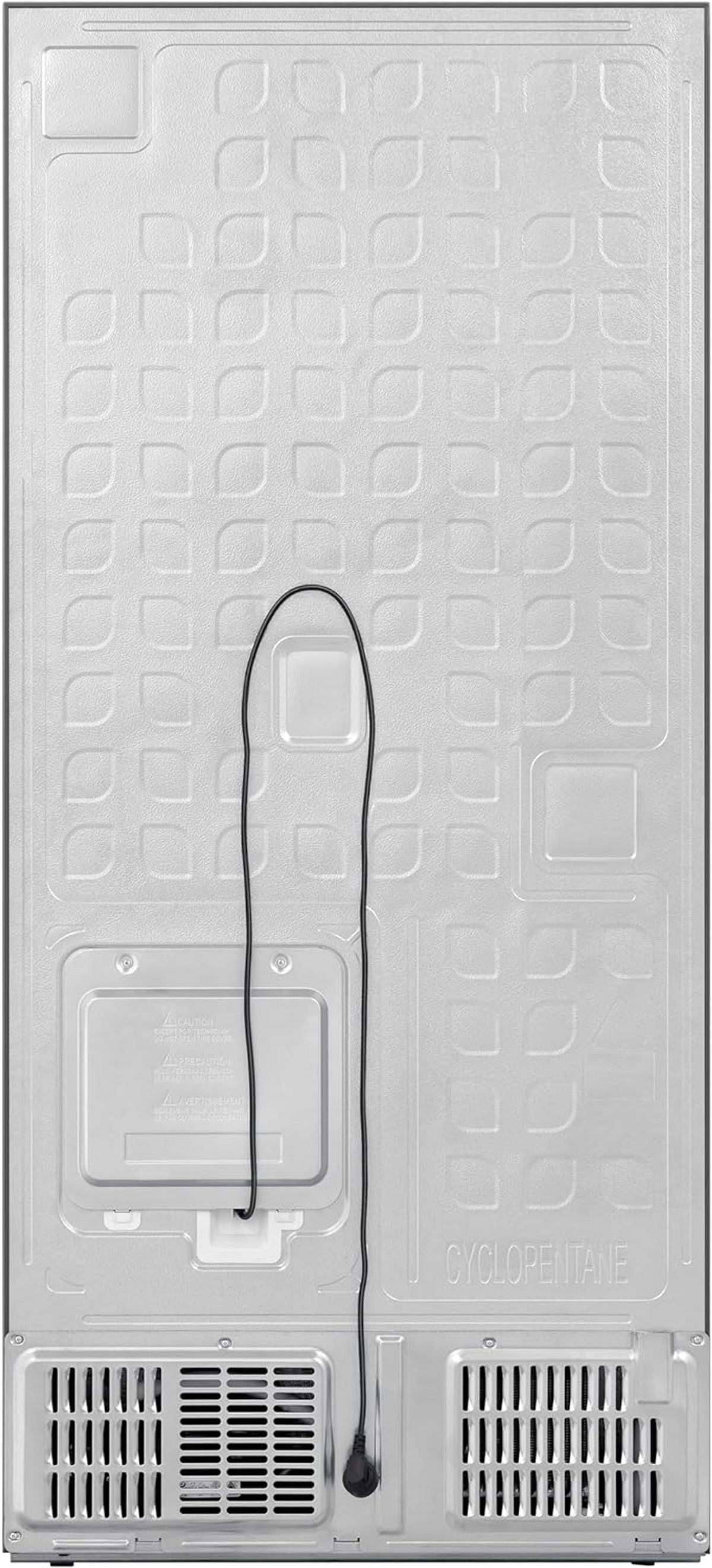 Tył lodówki. Posiada przewód zasilający i elementy chłodzące.