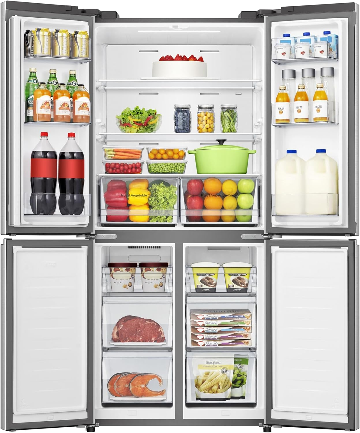 Lodówka z otwartymi drzwiami, pokazująca produkty spożywcze w różnych przegrodach.