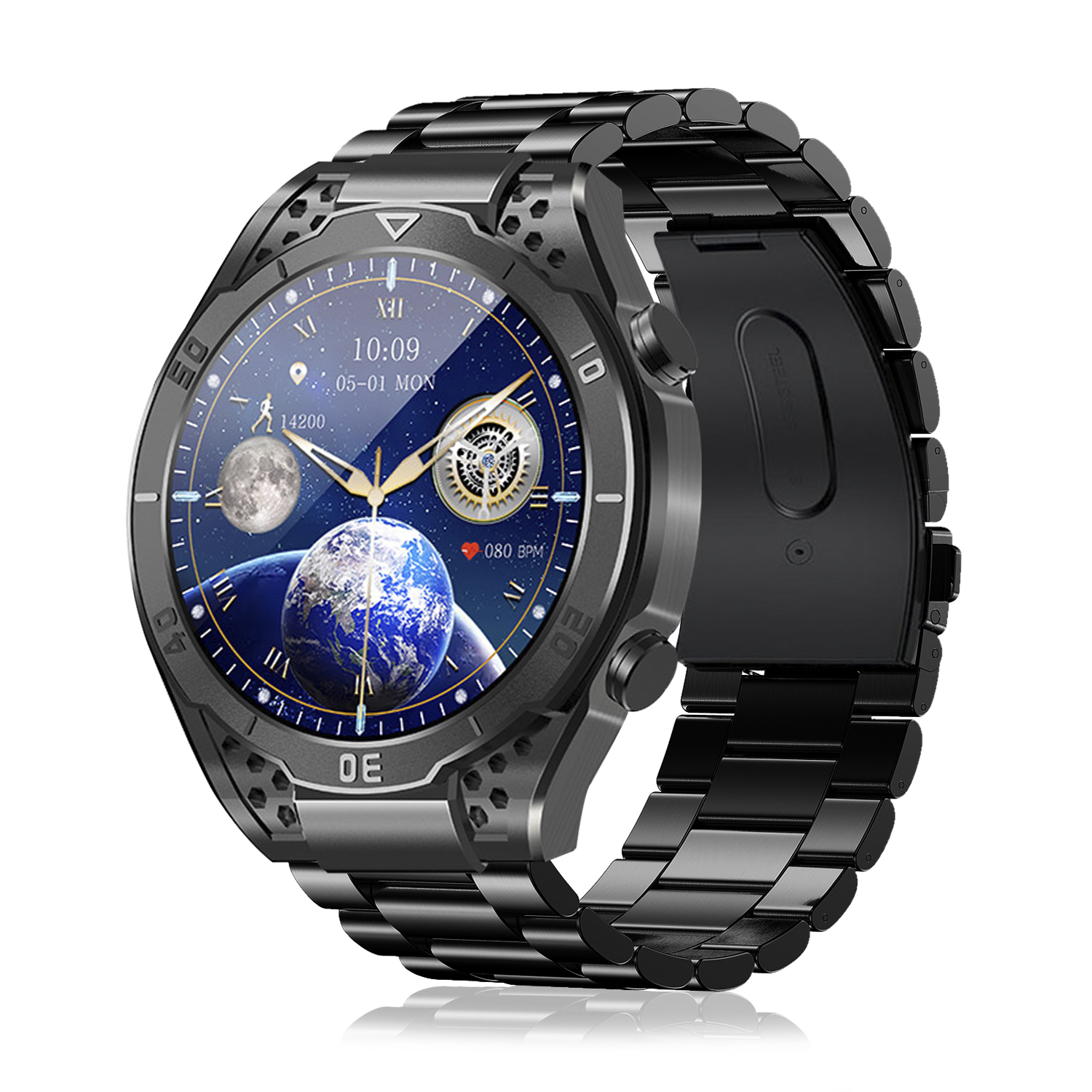 Uno smartwatch nero con display colorato che mostra luna, terra e ora.