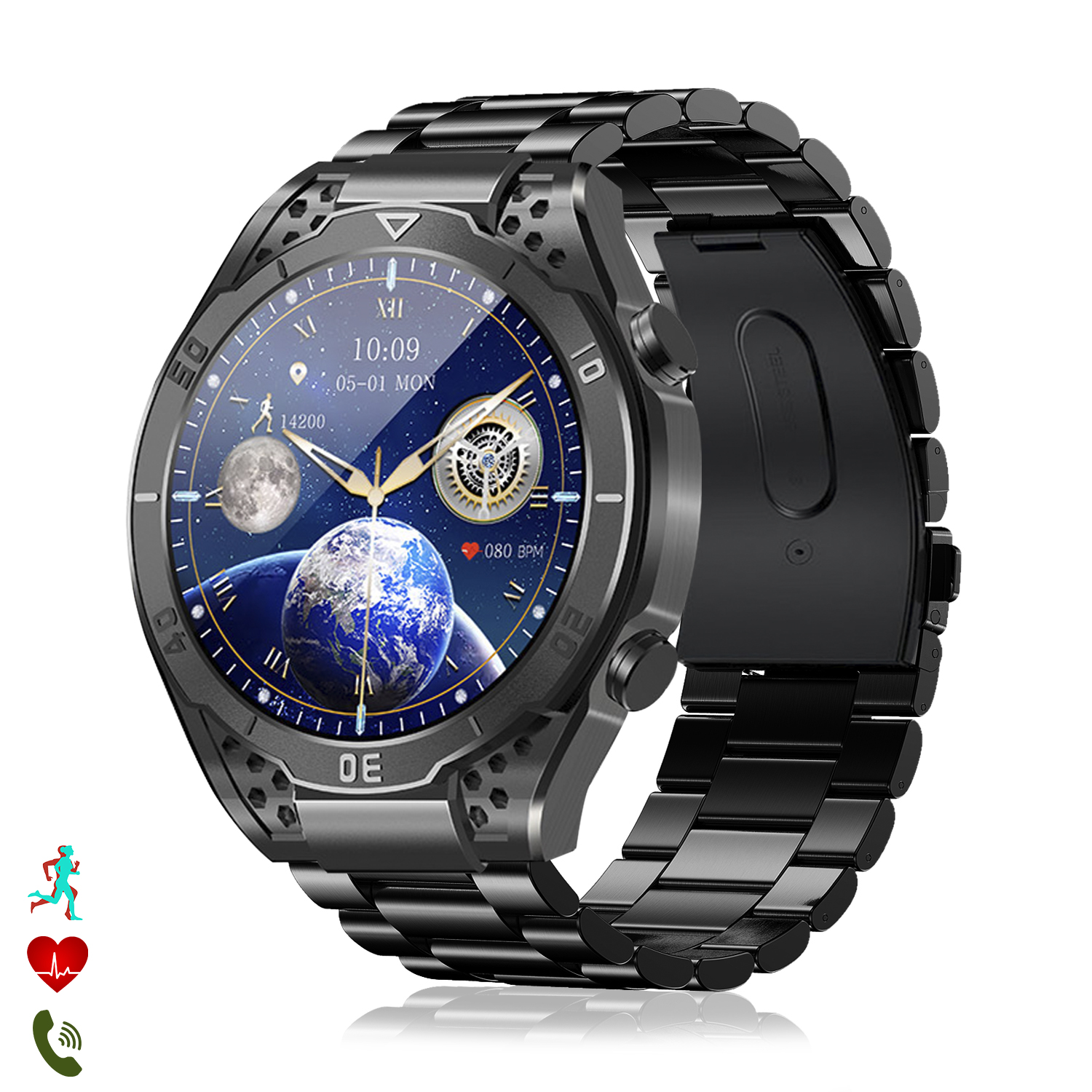Smartwatch nero con cinturino in metallo. Il quadrante mostra mappa del mondo e ora.
