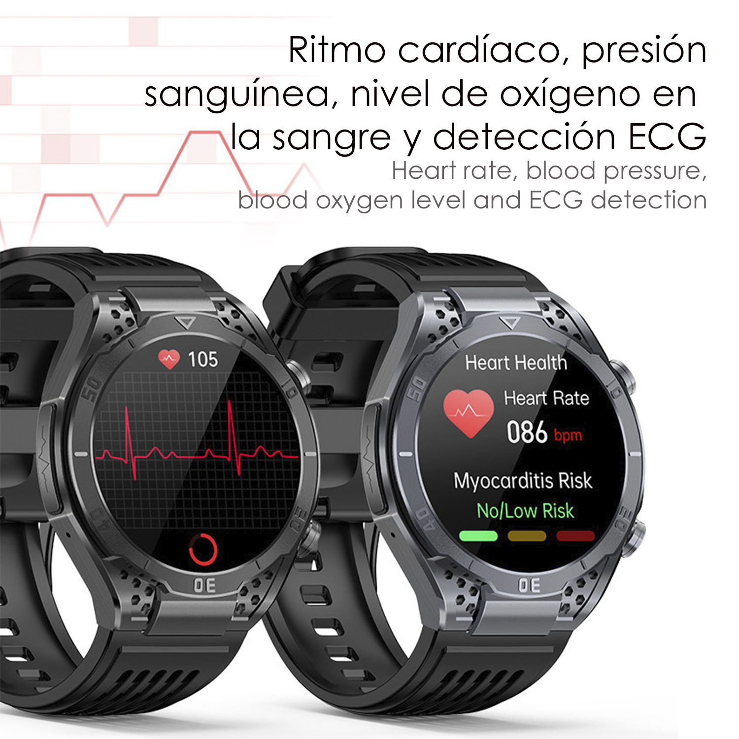 Due smartwatch che mostrano metriche di salute. Uno mostra frequenza cardiaca ed ECG, l'altro rischio.