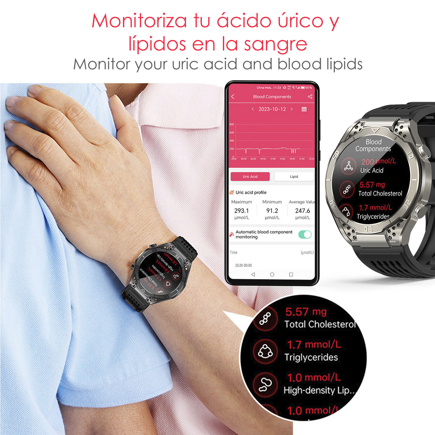Smartwatch al polso che mostra metriche di salute. Sovrapposizioni di testo in spagnolo e inglese.