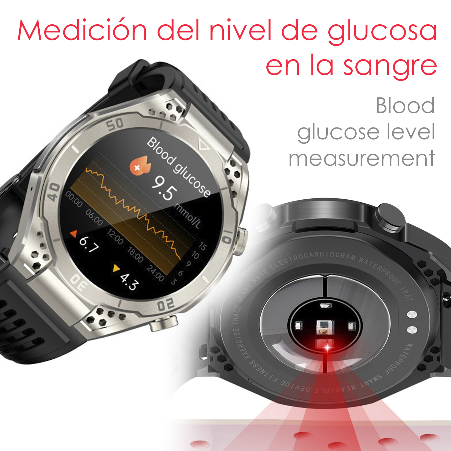 Smartwatch che mostra il livello di glucosio nel sangue. Un grafico e il numero 9,5, con una luce rossa sul retro.