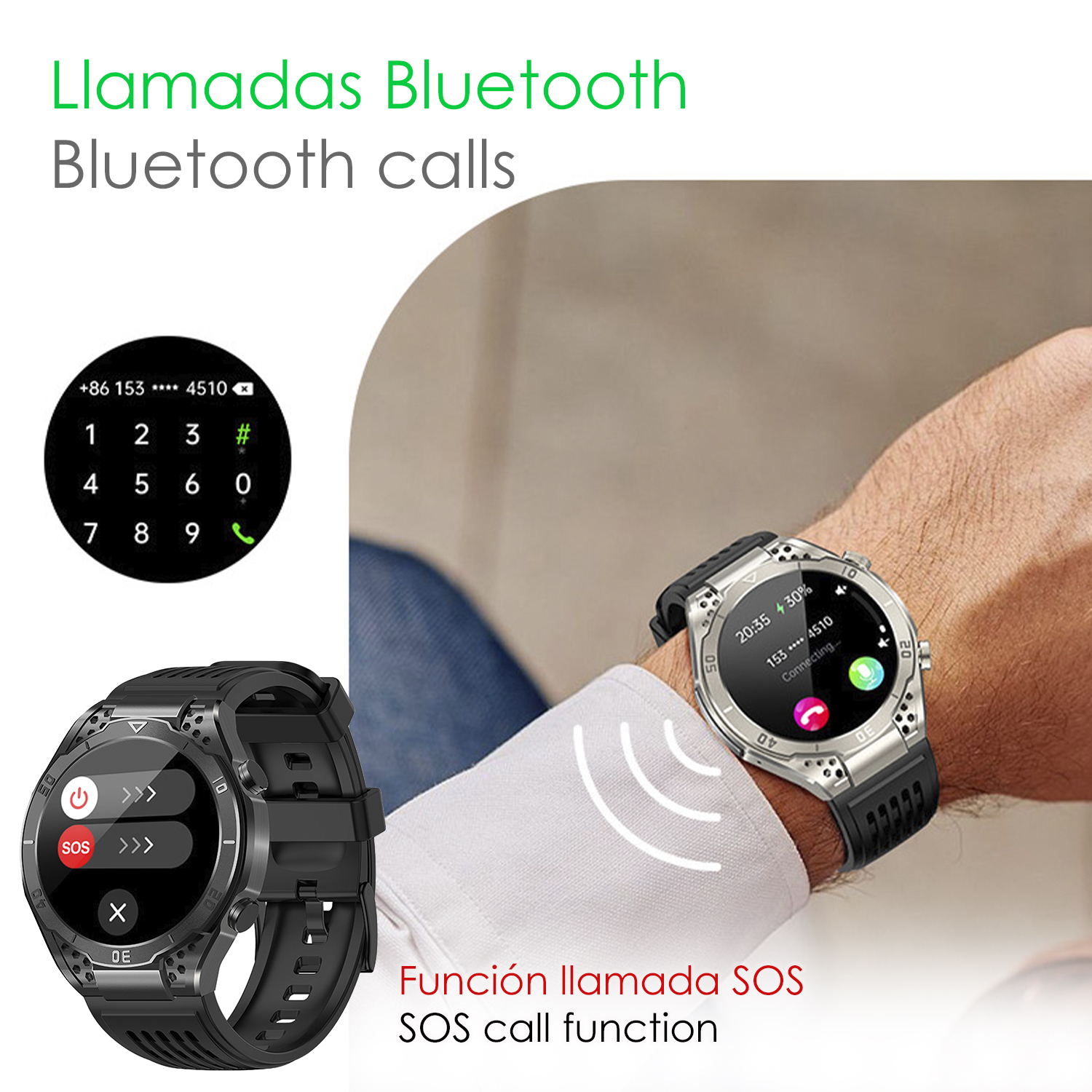 Smartwatch con interfaccia di composizione telefonica e pulsante SOS.