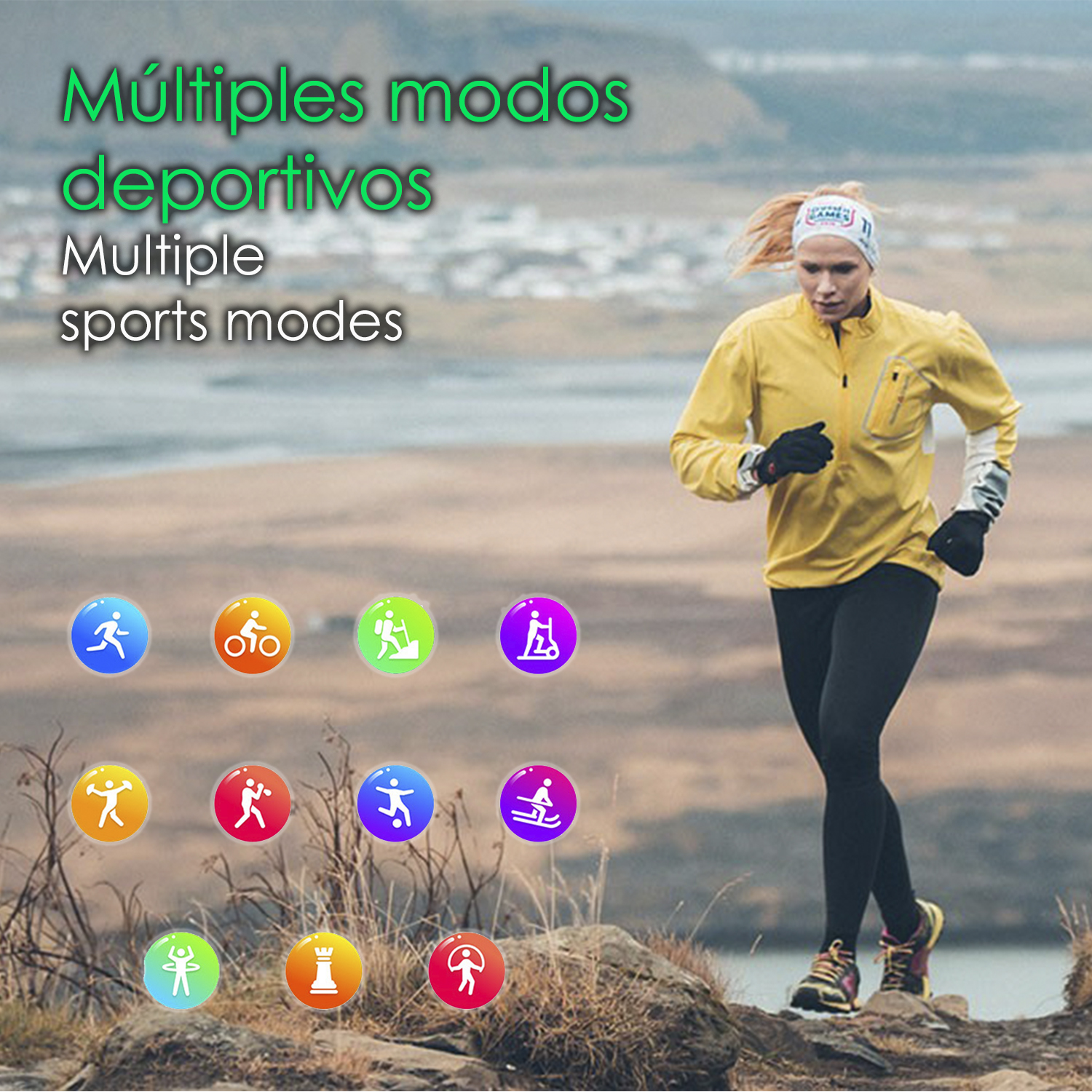 Donna che corre con giacca gialla, leggings neri e fascia. Vengono visualizzate varie icone delle modalità sportive.