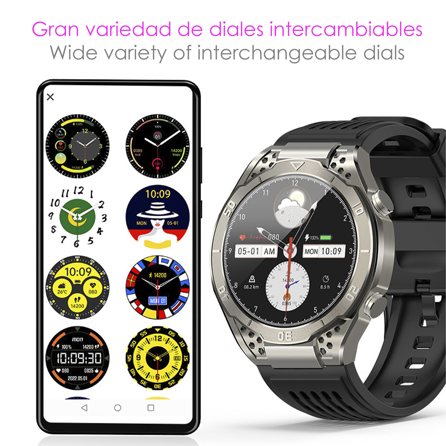 Uno smartwatch con diversi quadranti intercambiabili visualizzati sullo schermo di un telefono. Cinturino nero.