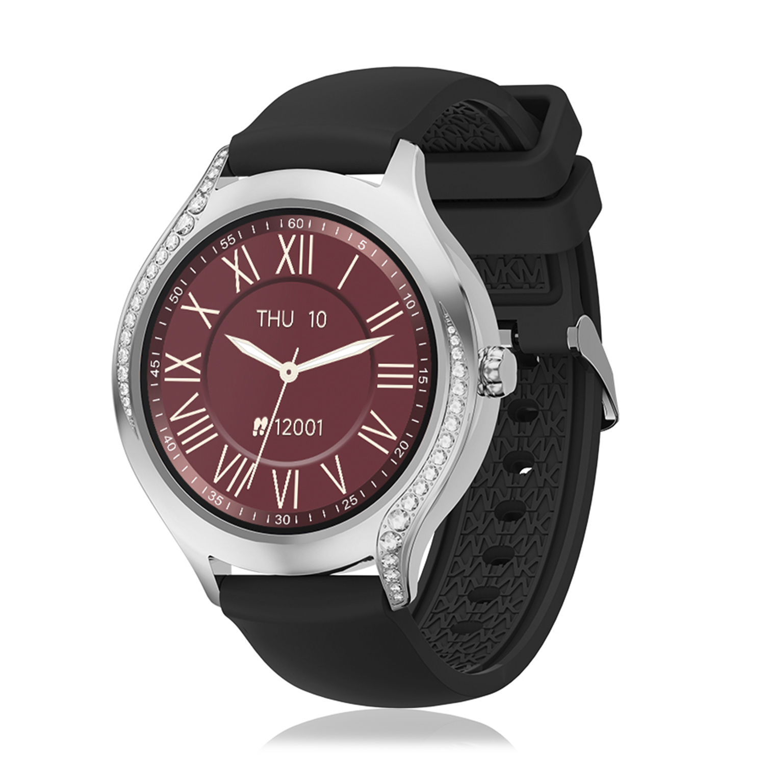 Smartwatch con display rosso, cassa argentata e cinturino nero. Sfondo bianco.