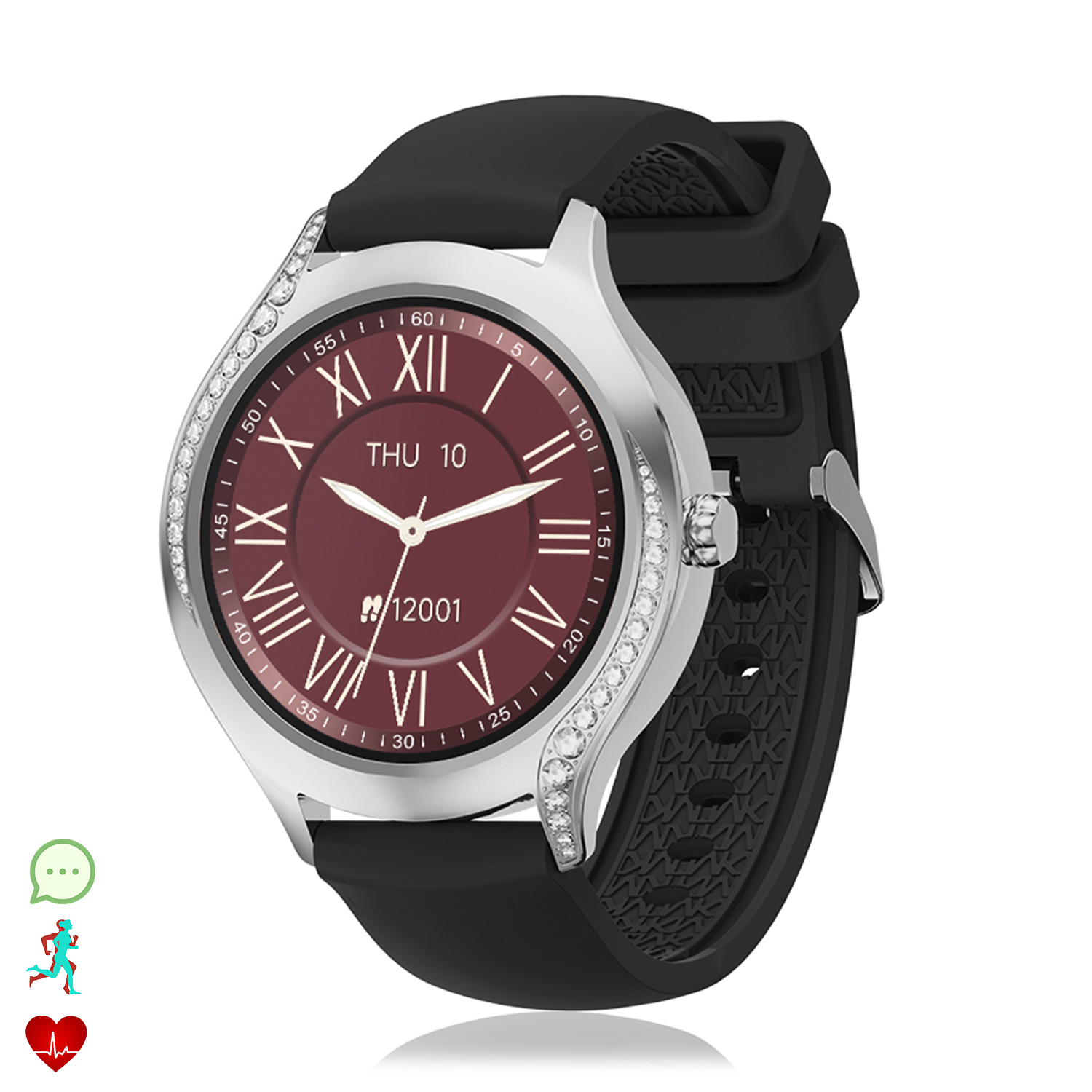 Smartwatch argento con quadrante rosso e cinturino nero, mostra la data.