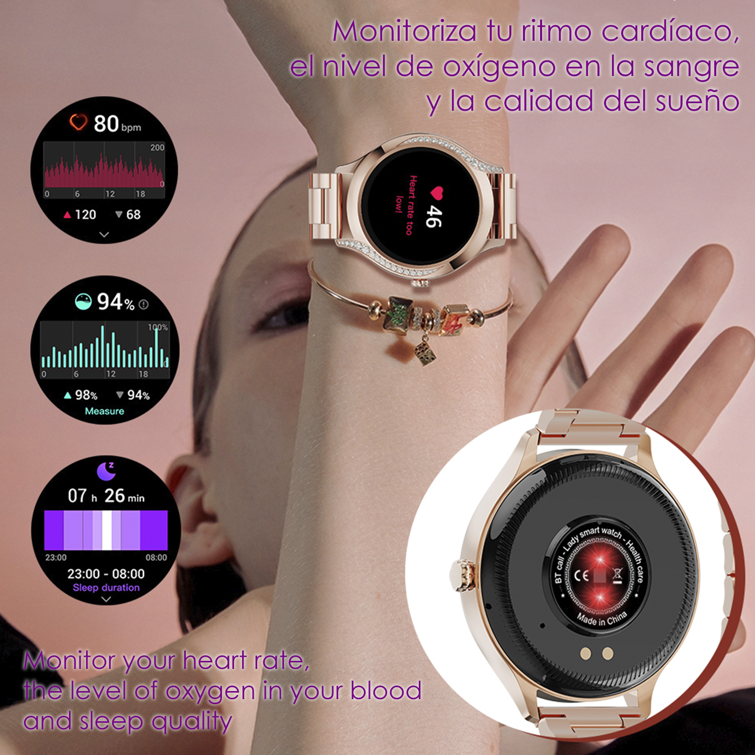 Polso di una persona con smartwatch che mostra dati e grafici sulla salute.