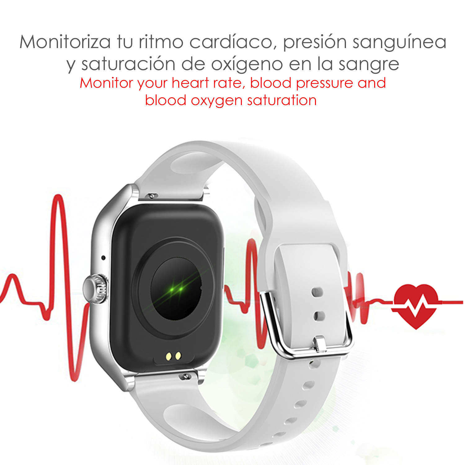 Smartwatch con cinturino bianco e un grafico a linee rosse. Il testo in spagnolo dice: 'Monitora la tua frequenza cardiaca'.