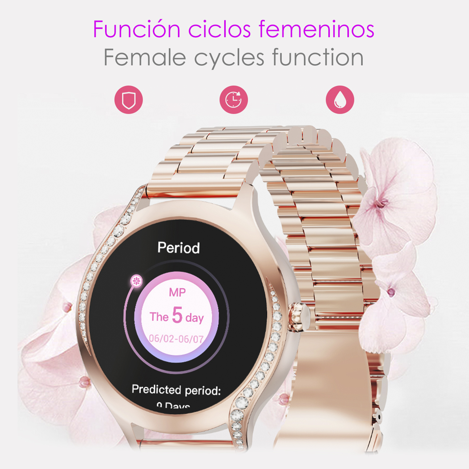Smartwatch con display di monitoraggio del ciclo femminile, cinturino oro rosa e fiori rosa.