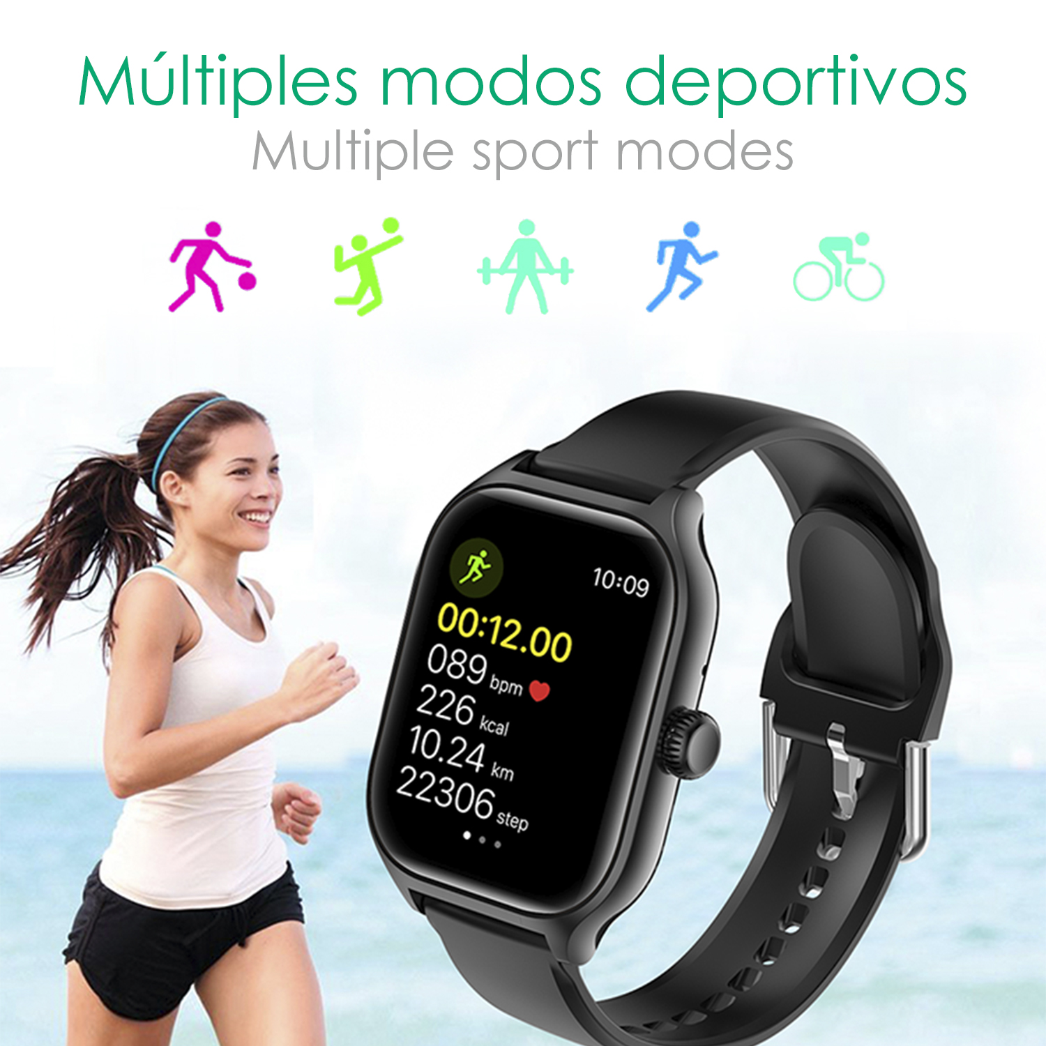 Smartwatch al polso, con una donna che corre sullo sfondo.