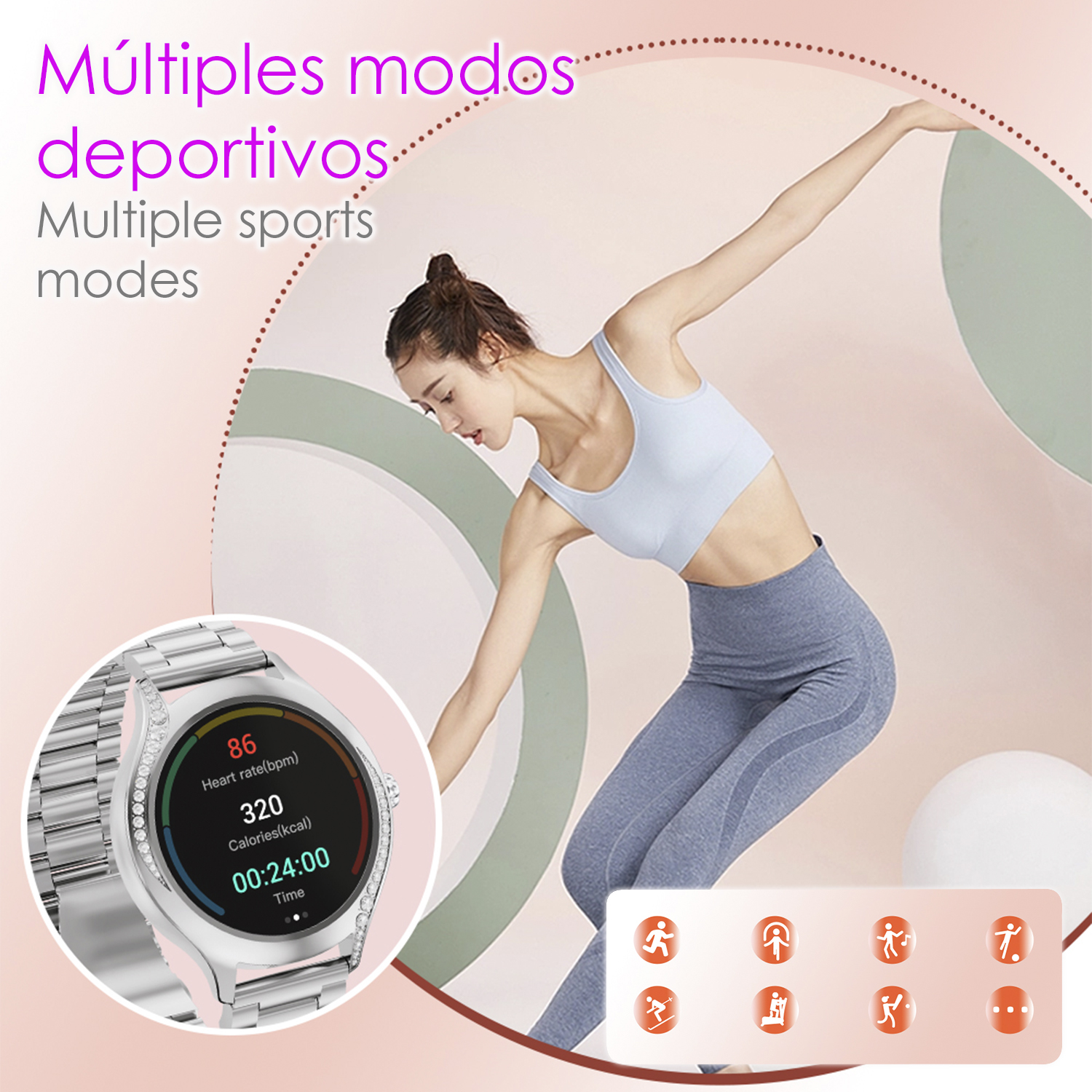 Una donna si allena indossando uno smartwatch. L'orologio mostra la frequenza cardiaca e le calorie bruciate.